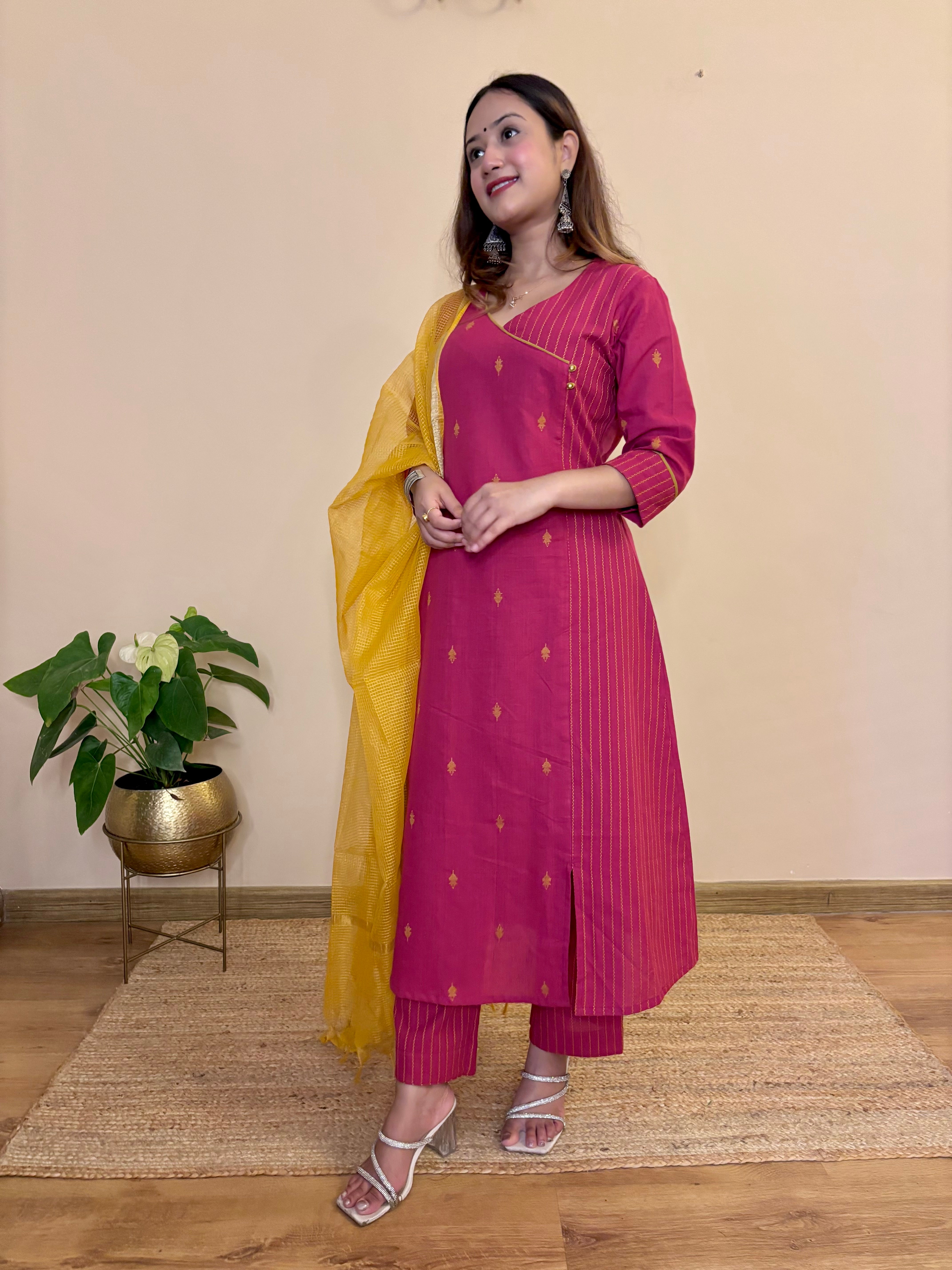 Dark pink south cotton kurta pant dupatta 3piece set