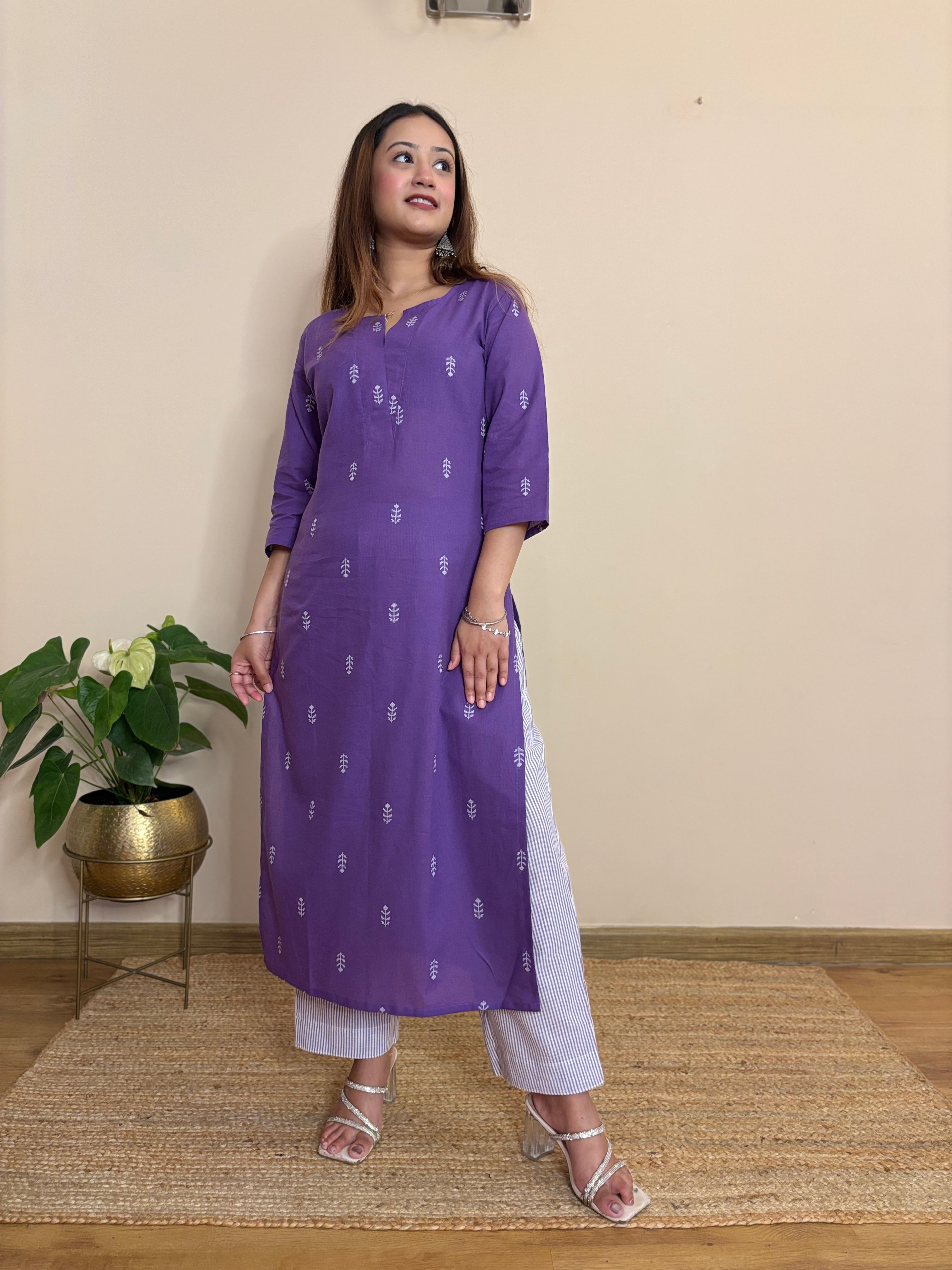 PURPLE SOUTH COTTON LONG KURTA PANT SET
