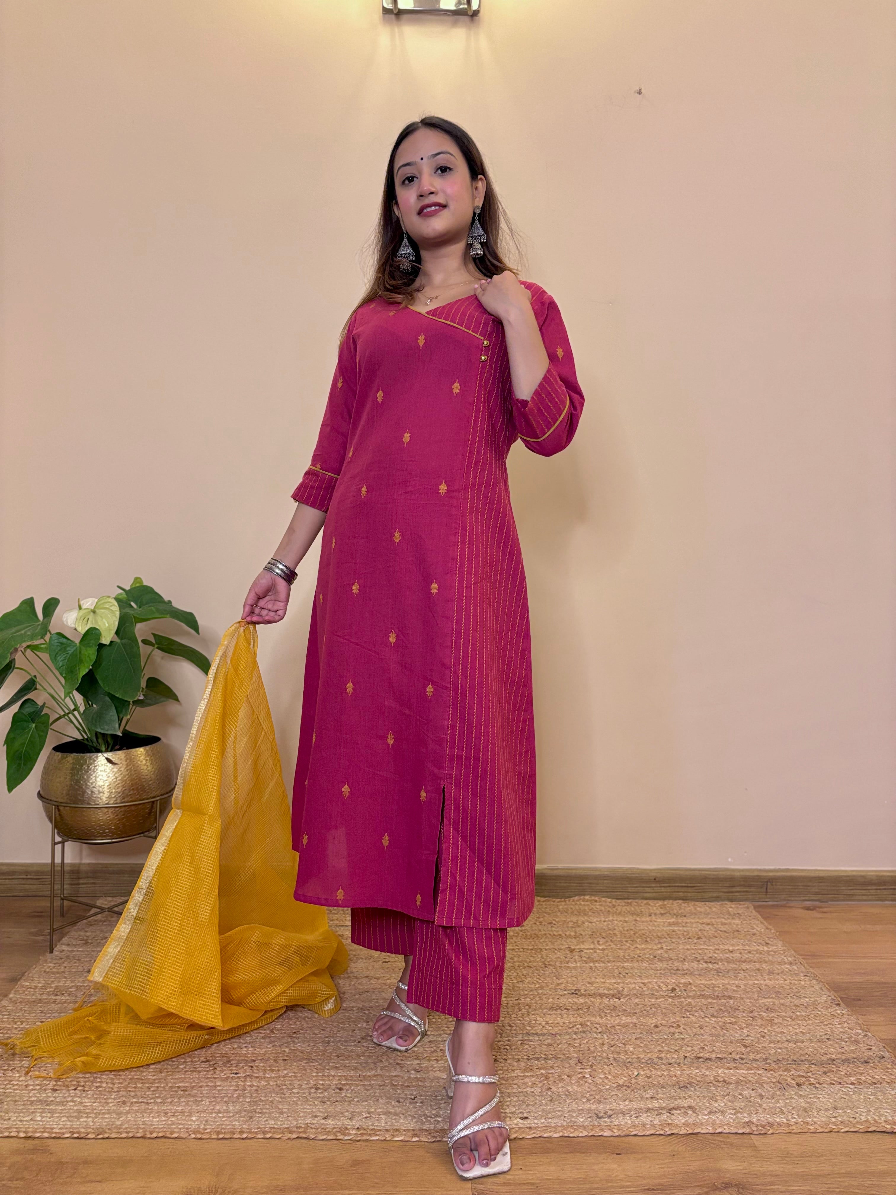 Dark pink south cotton kurta pant dupatta 3piece set