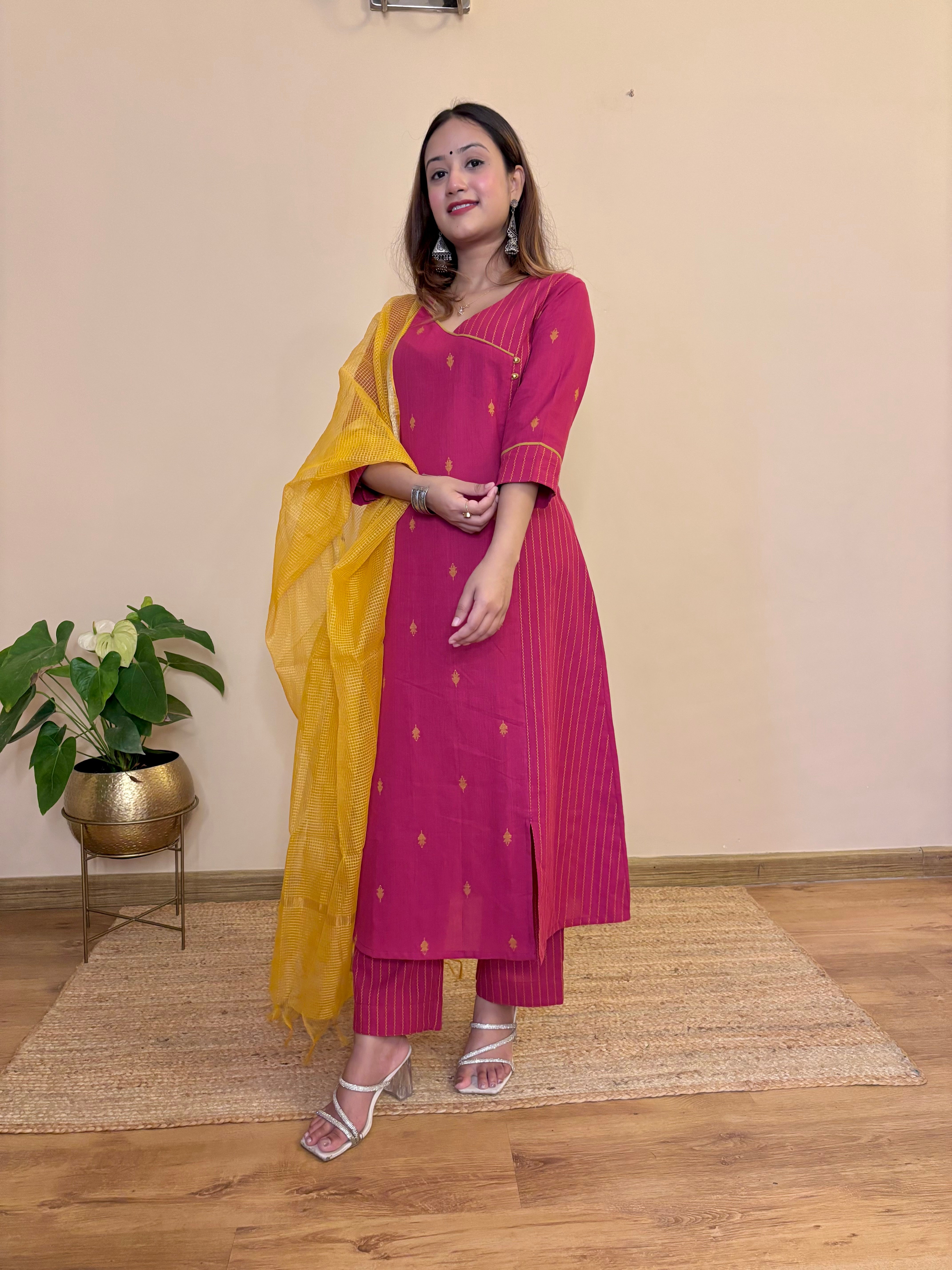 Dark pink south cotton kurta pant dupatta 3piece set