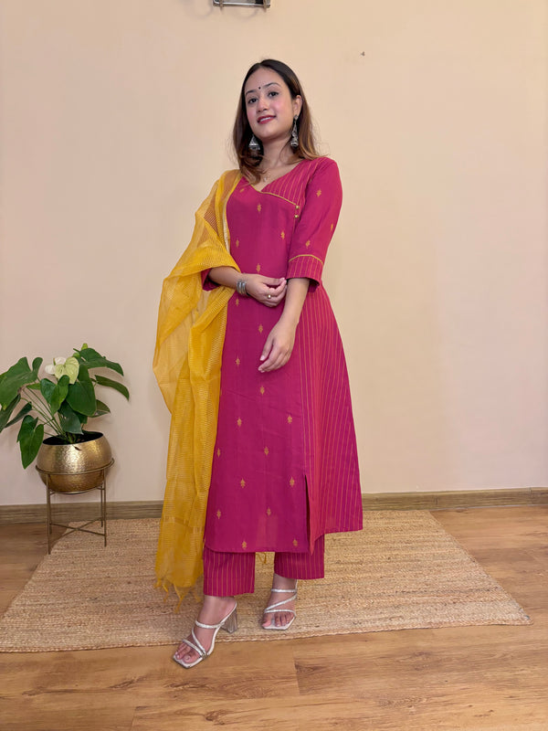 Dark pink south cotton kurta pant dupatta 3piece set