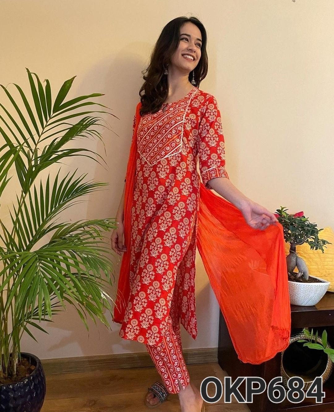 ORANGE  FLOWERS COTTON LONG KURTA