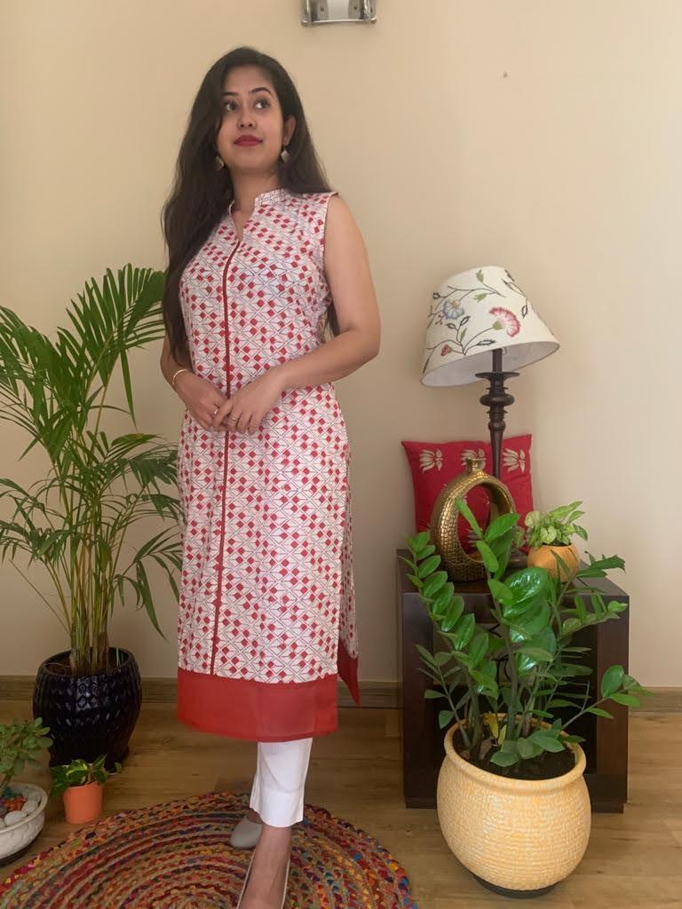 WHITE AND RED COTTON LONG KURTA