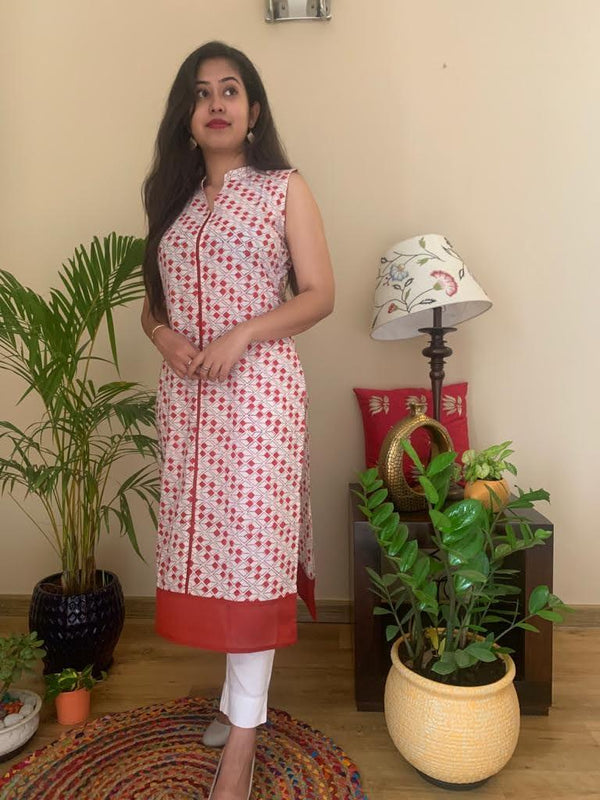 WHITE AND RED COTTON LONG KURTA