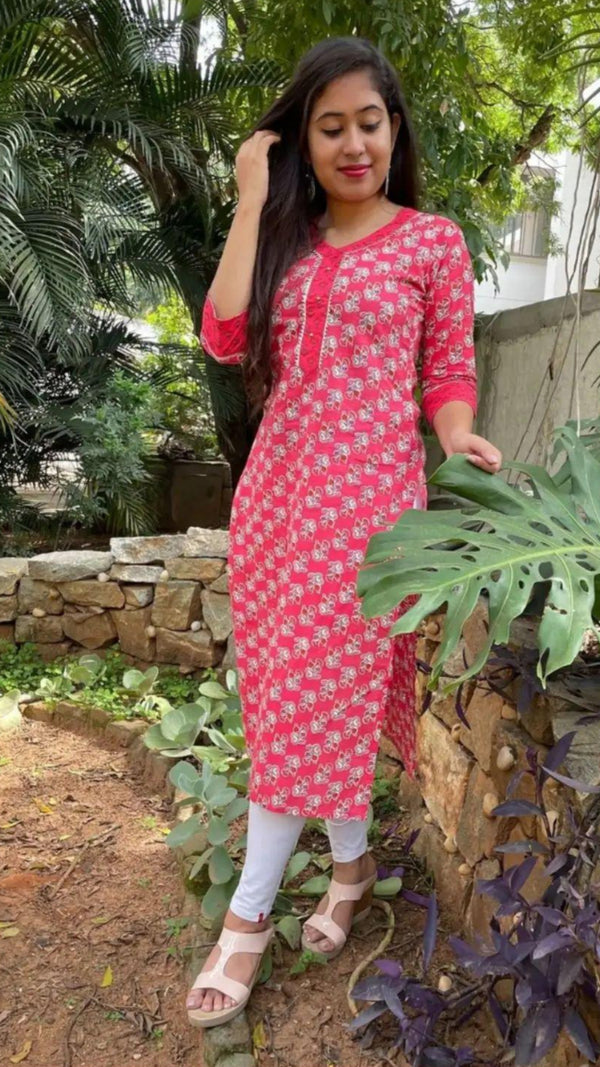 pink flowers cotton long kurta