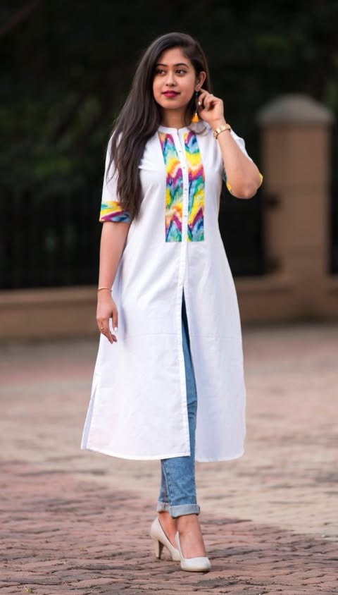 White Women's A-Line Long Kurta