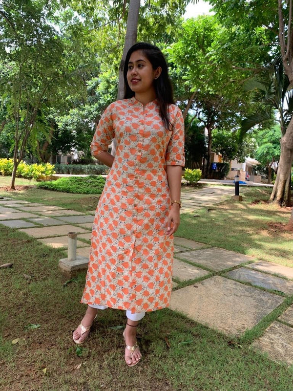 cream with orange long kurta