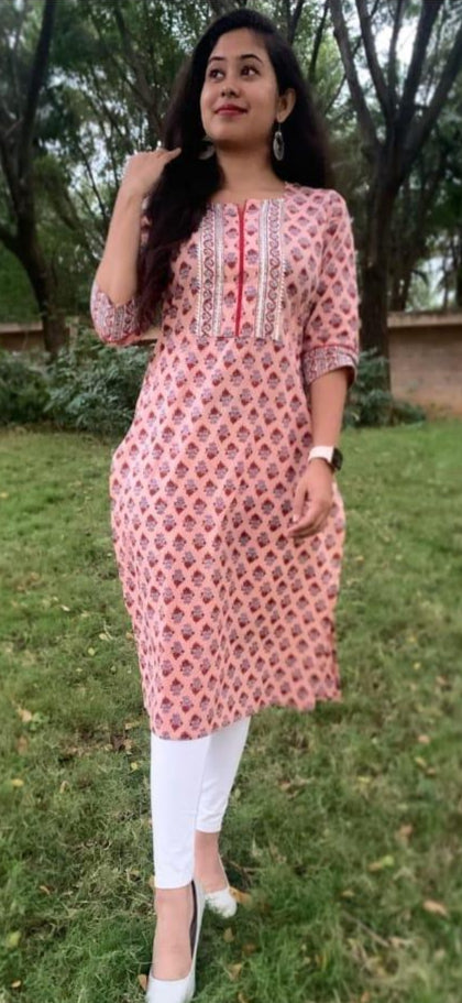 peach  flowers cotton long kurta