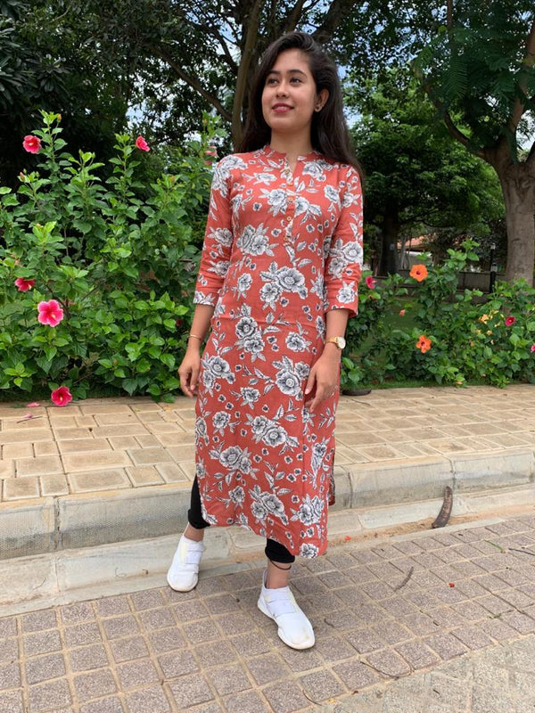 BROWN   FLOWERS RAYON LONG KURTA