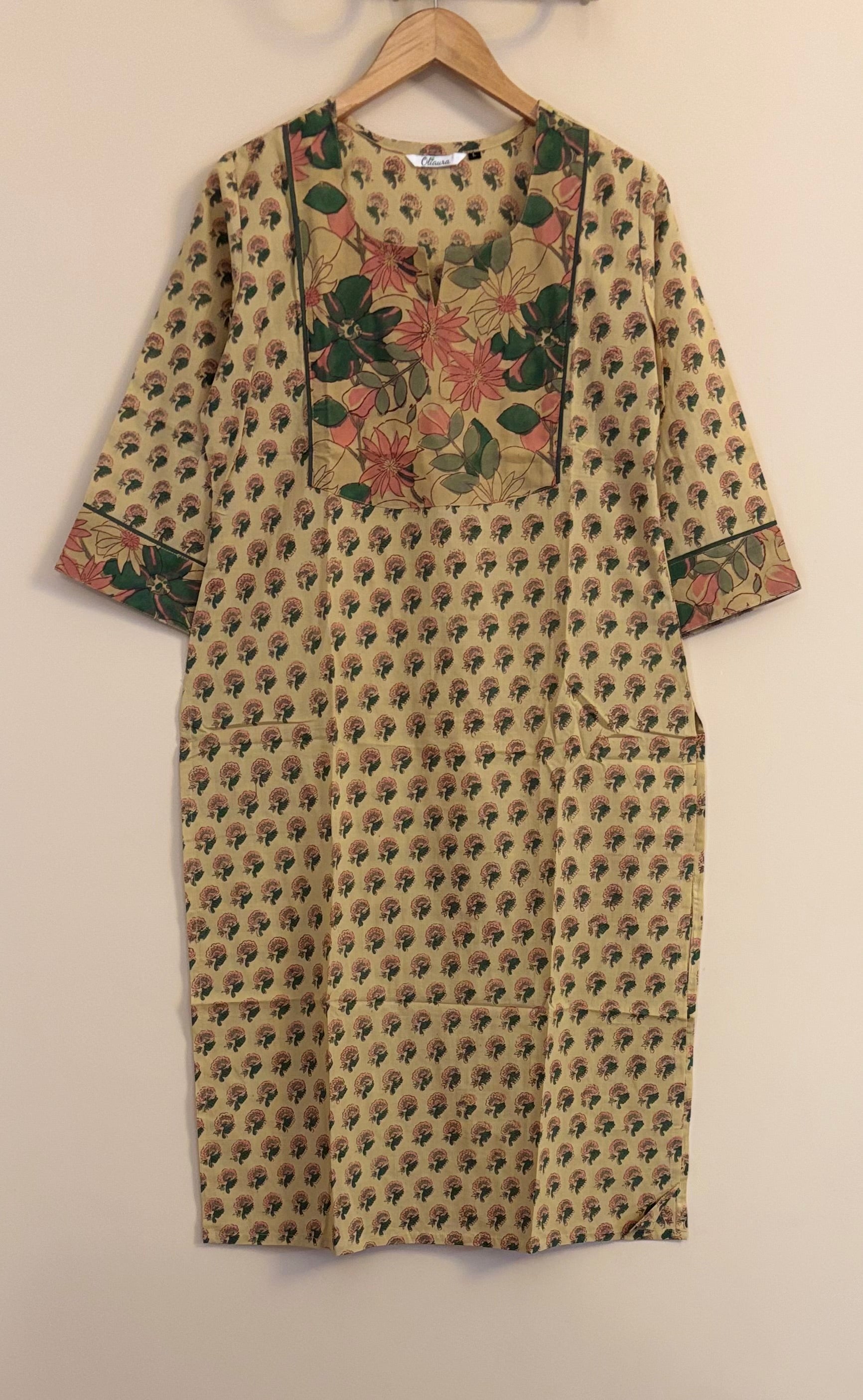Beige block printed cotton kurta