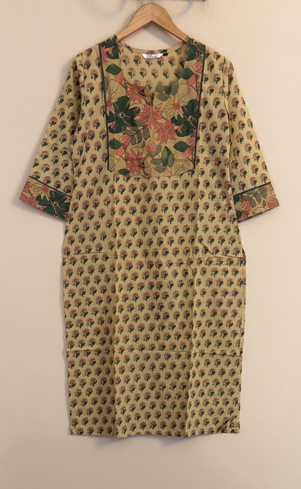 Beige block printed cotton kurta