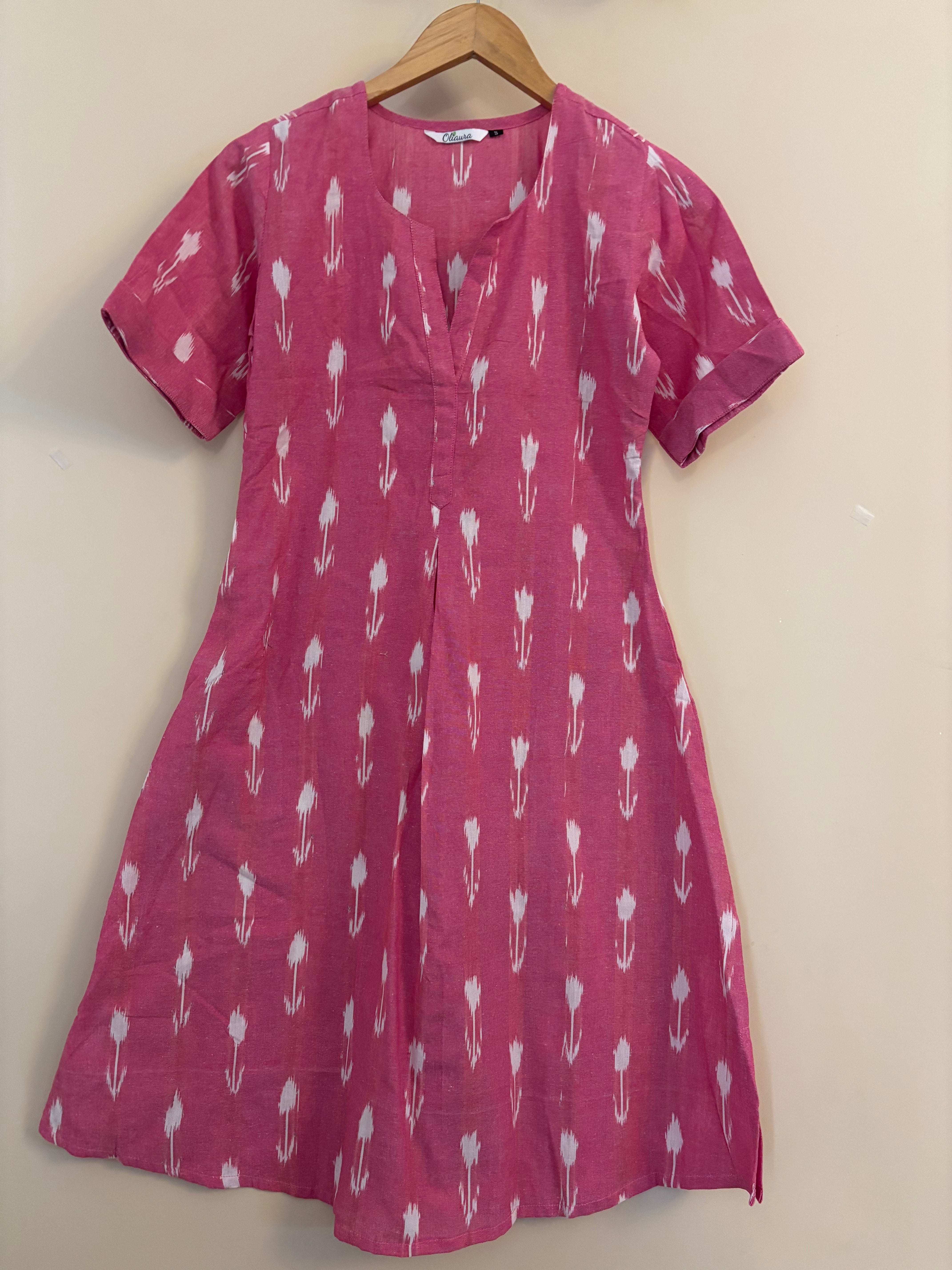 Ikat pink mid length cotton kurta