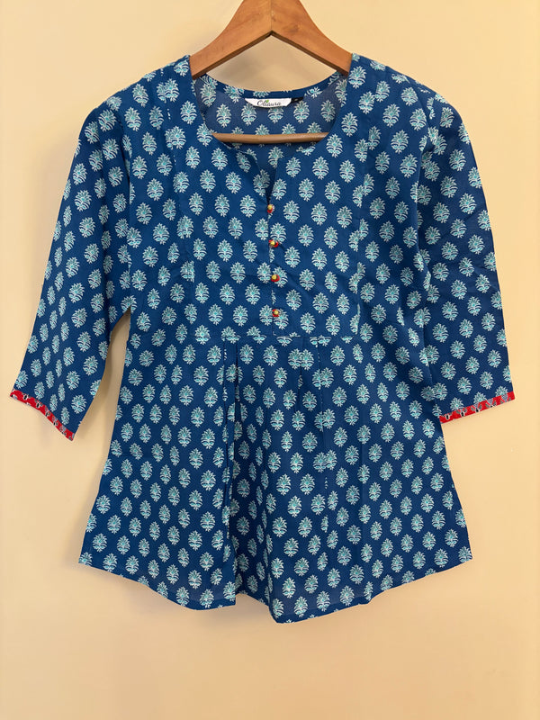 Blue block print short top