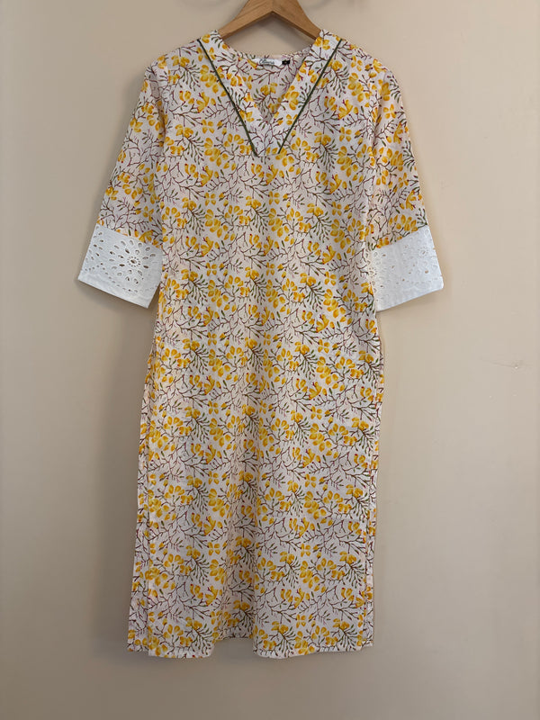 White n yellow cotton long kurta