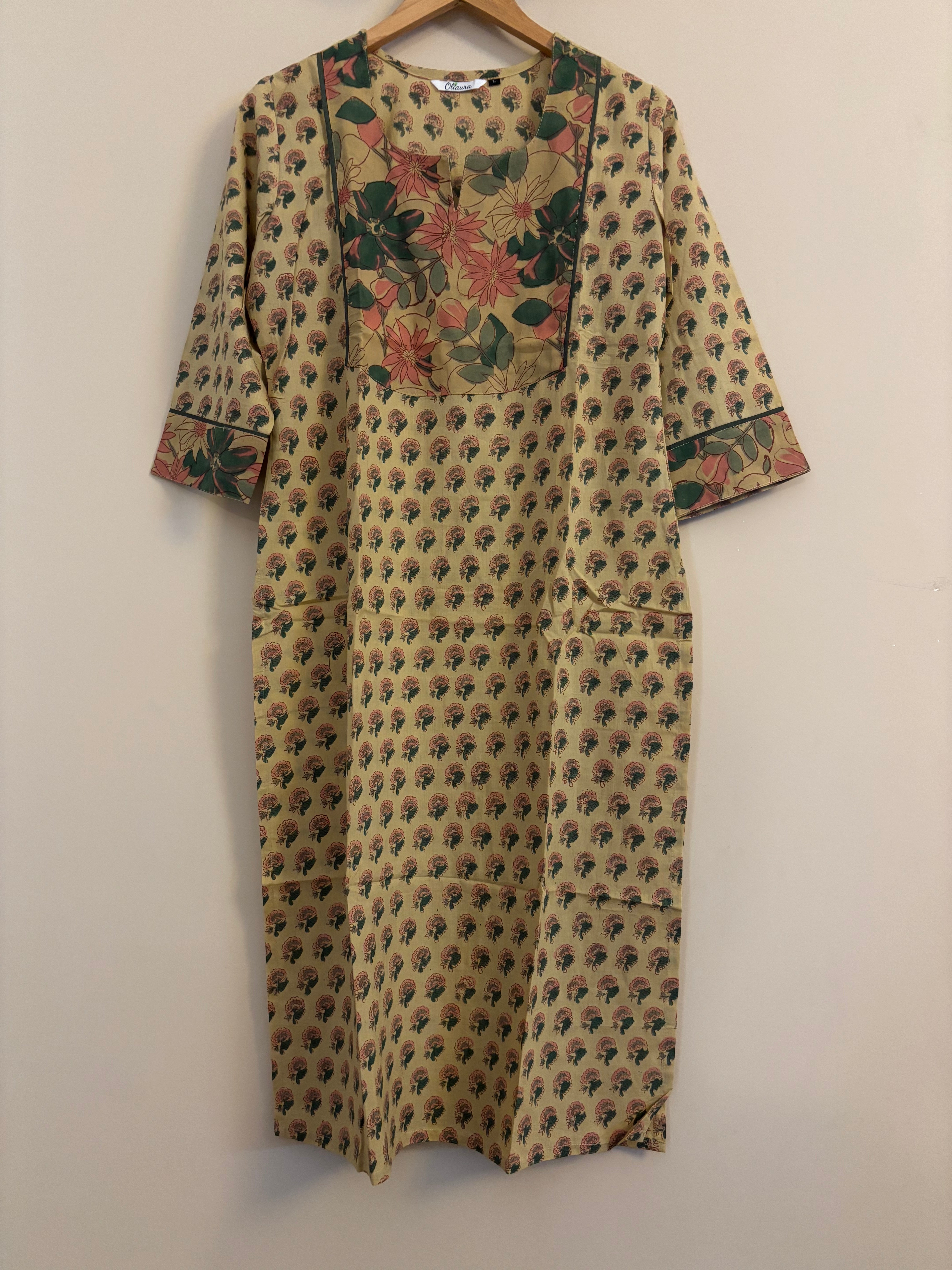 Beige block printed cotton kurta