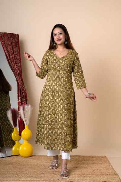 MEHANDI GREEN DABU LONG KURTA