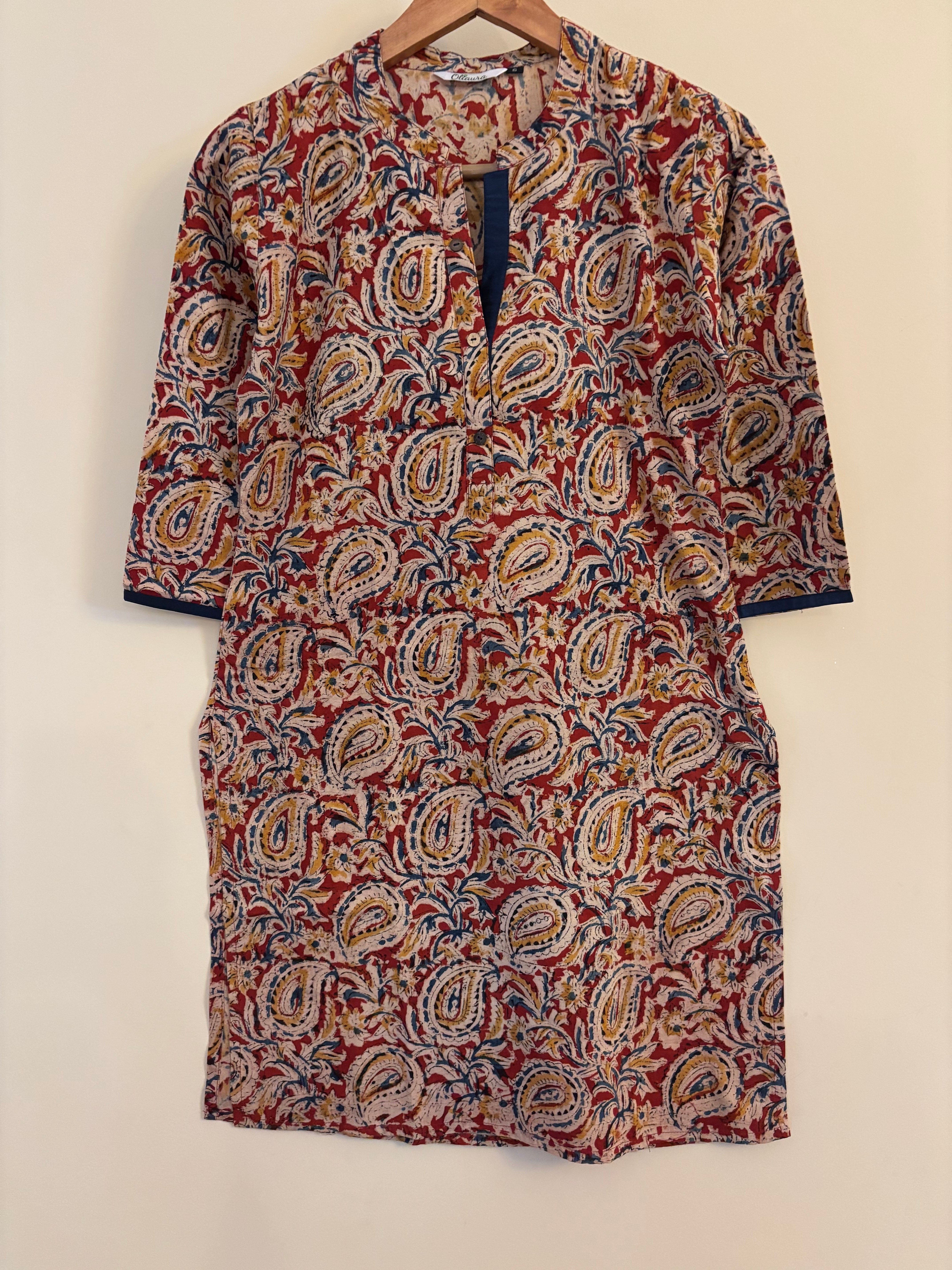 Maroon Kalamkari mid length cotton kurta