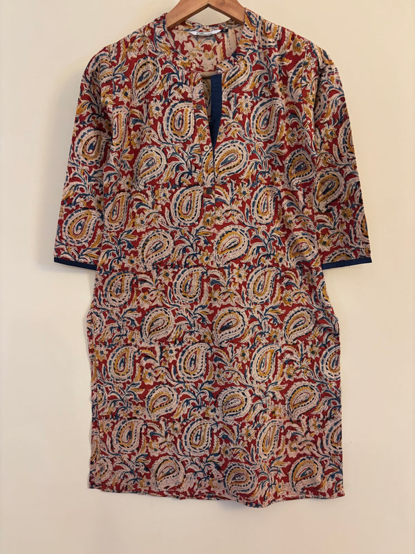 Maroon Kalamkari mid length cotton kurta