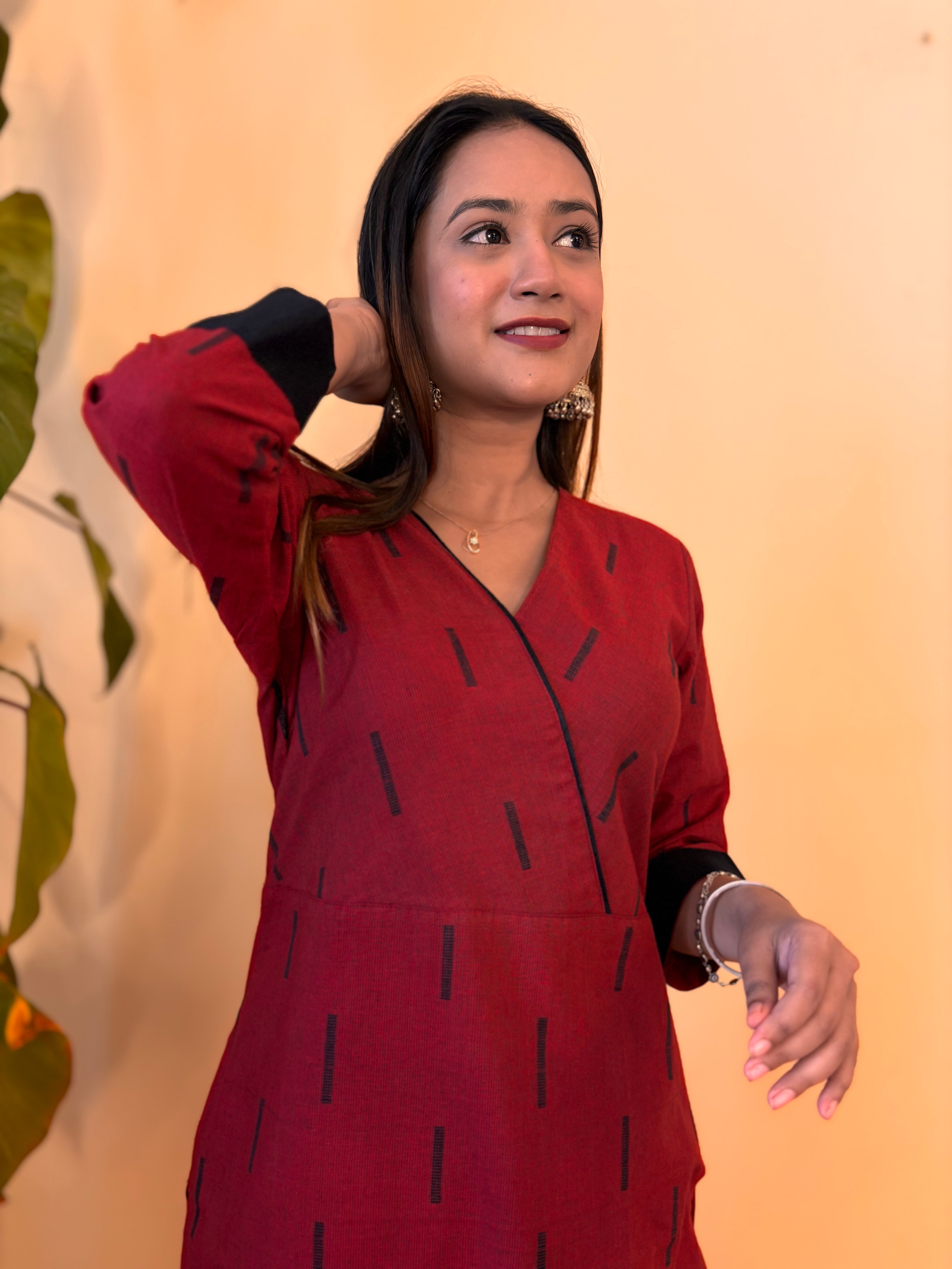 Maroon Lines South Cotton Straight Long Kurta