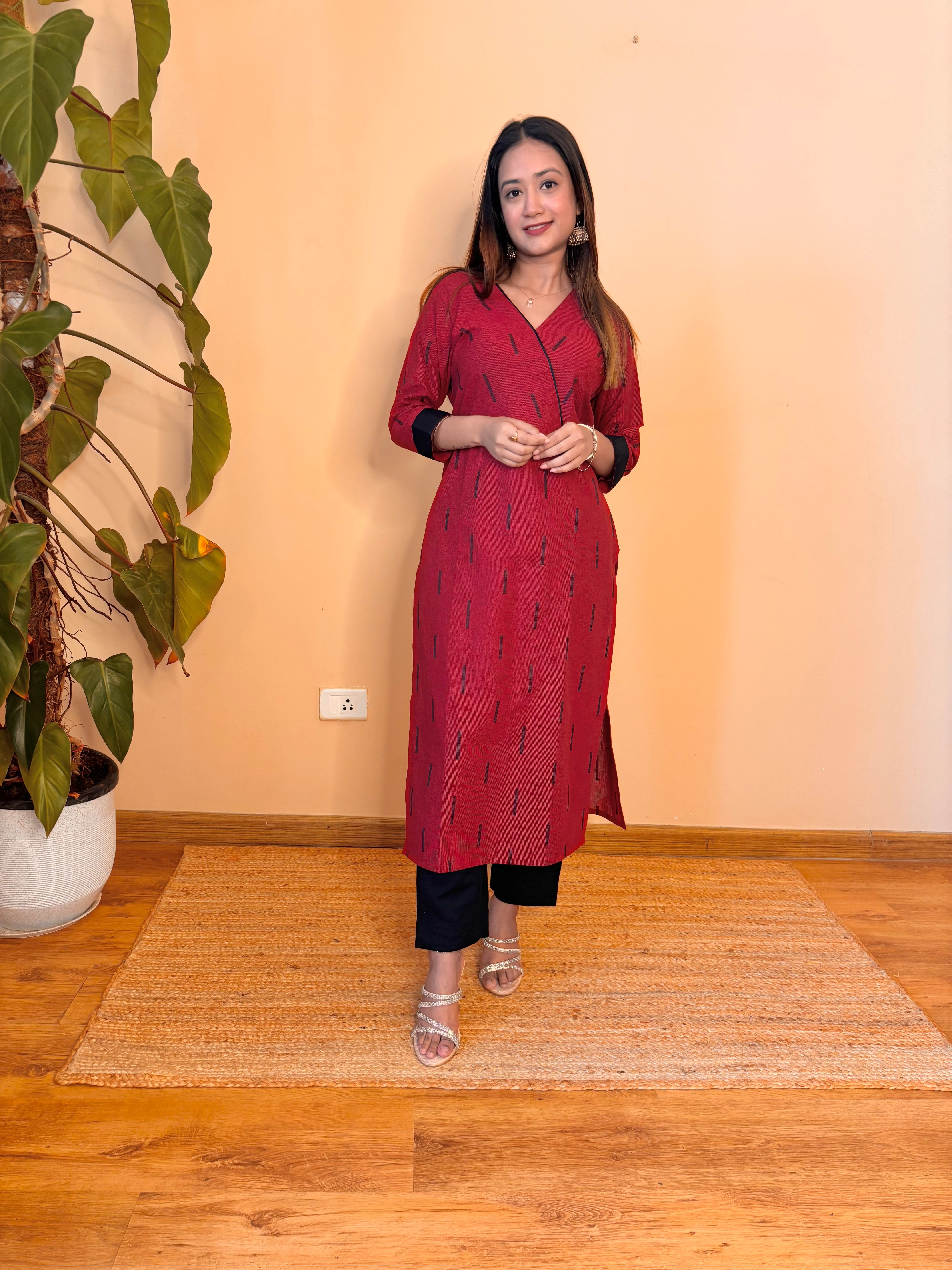 Maroon Lines South Cotton Straight Long Kurta