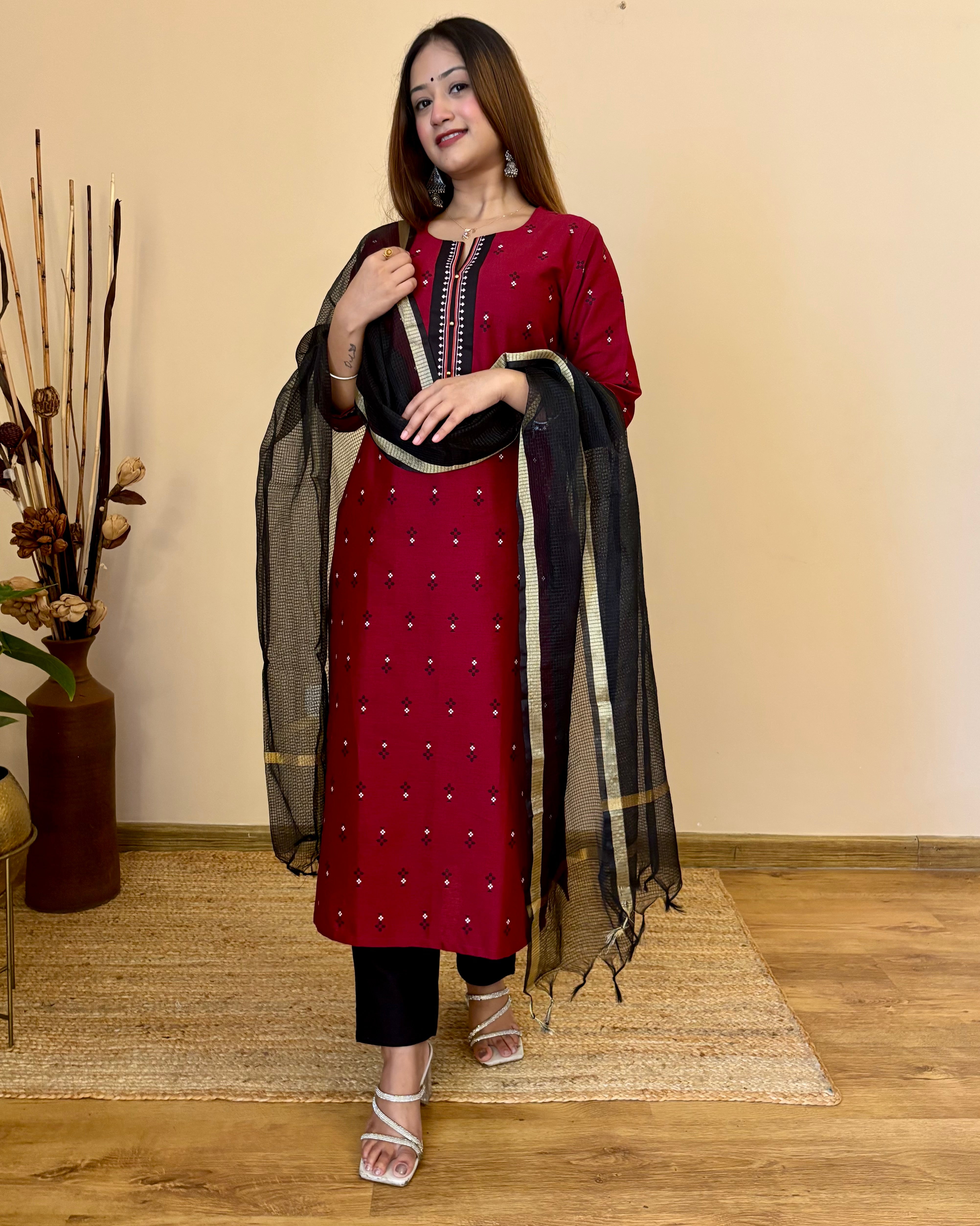 'GUL’ MAROON  PRINTED COTTON  STRAIGHT KURTA PANT DUPPATTA SET