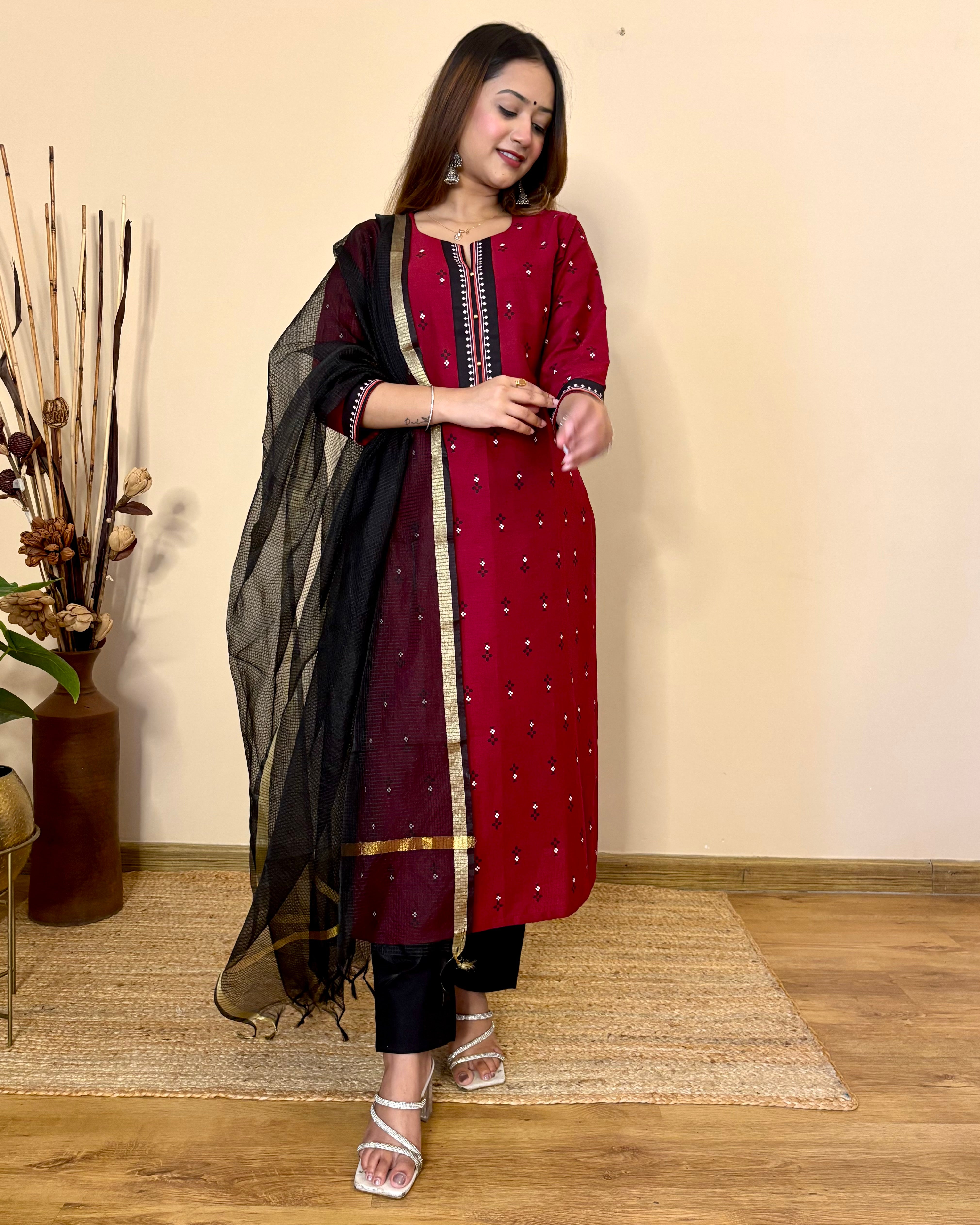 'GUL’ MAROON  PRINTED COTTON  STRAIGHT KURTA PANT DUPPATTA SET