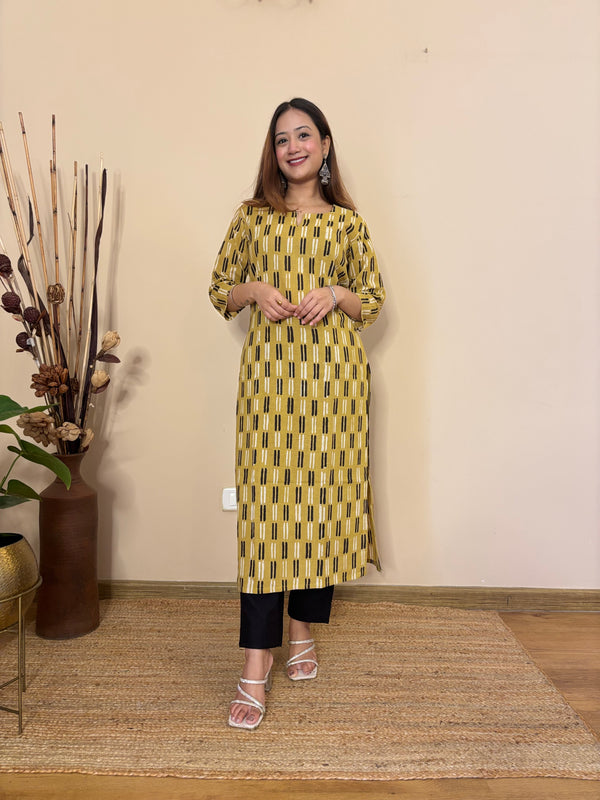 Gul Yellow Handblock Cotton Straight Long Kurta