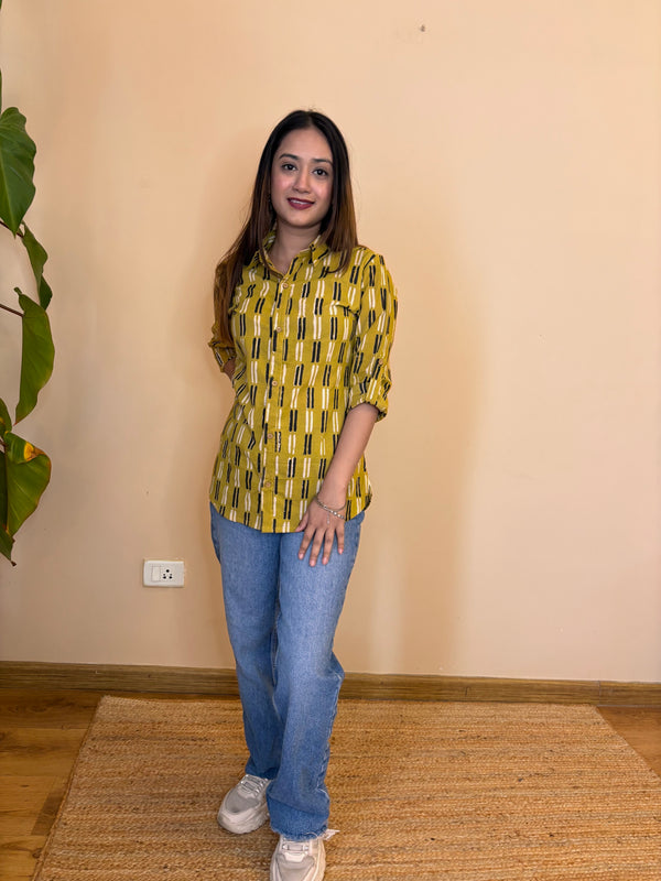 Yellow bagru print cotton shirt