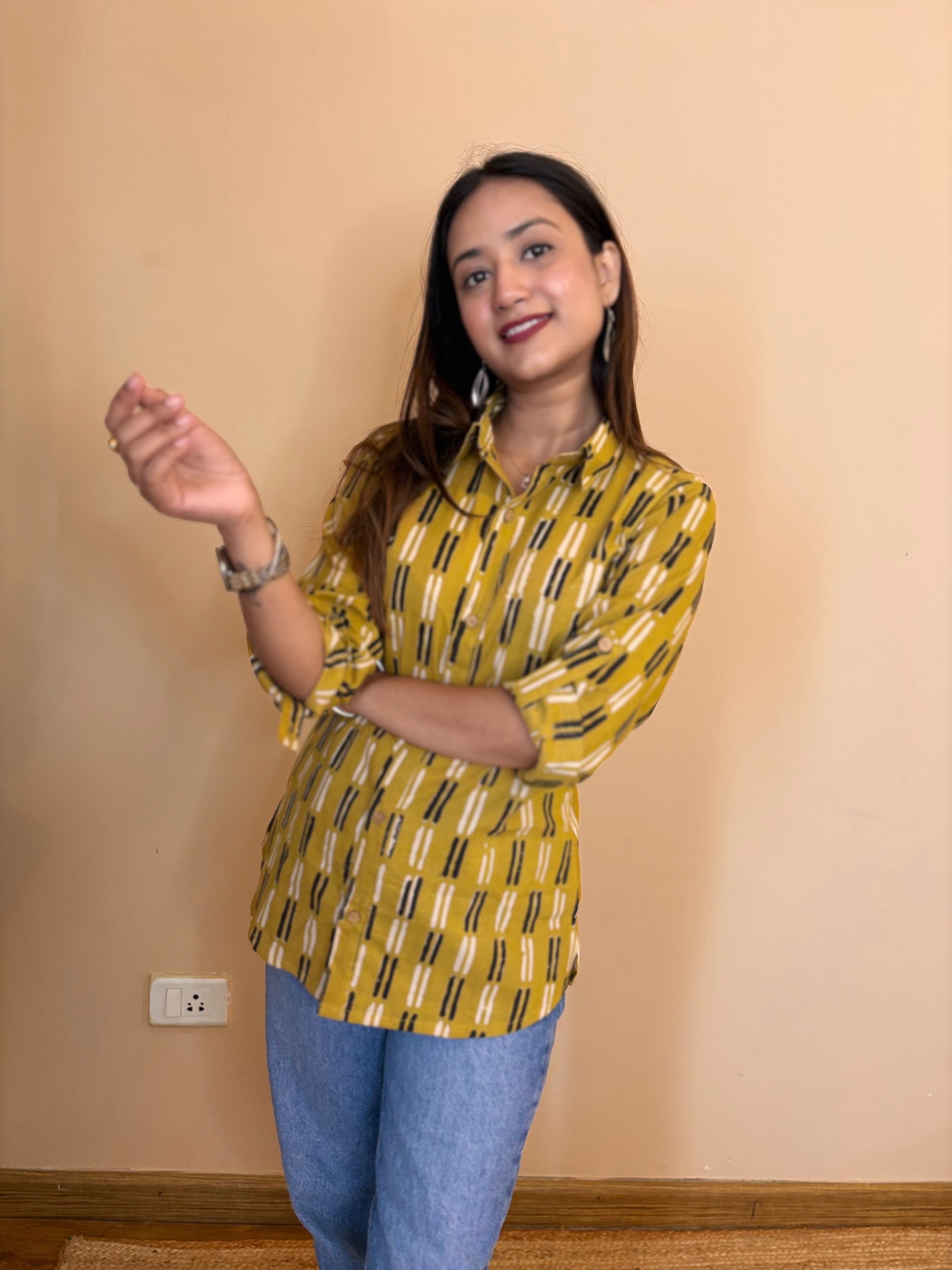 Yellow bagru print cotton shirt
