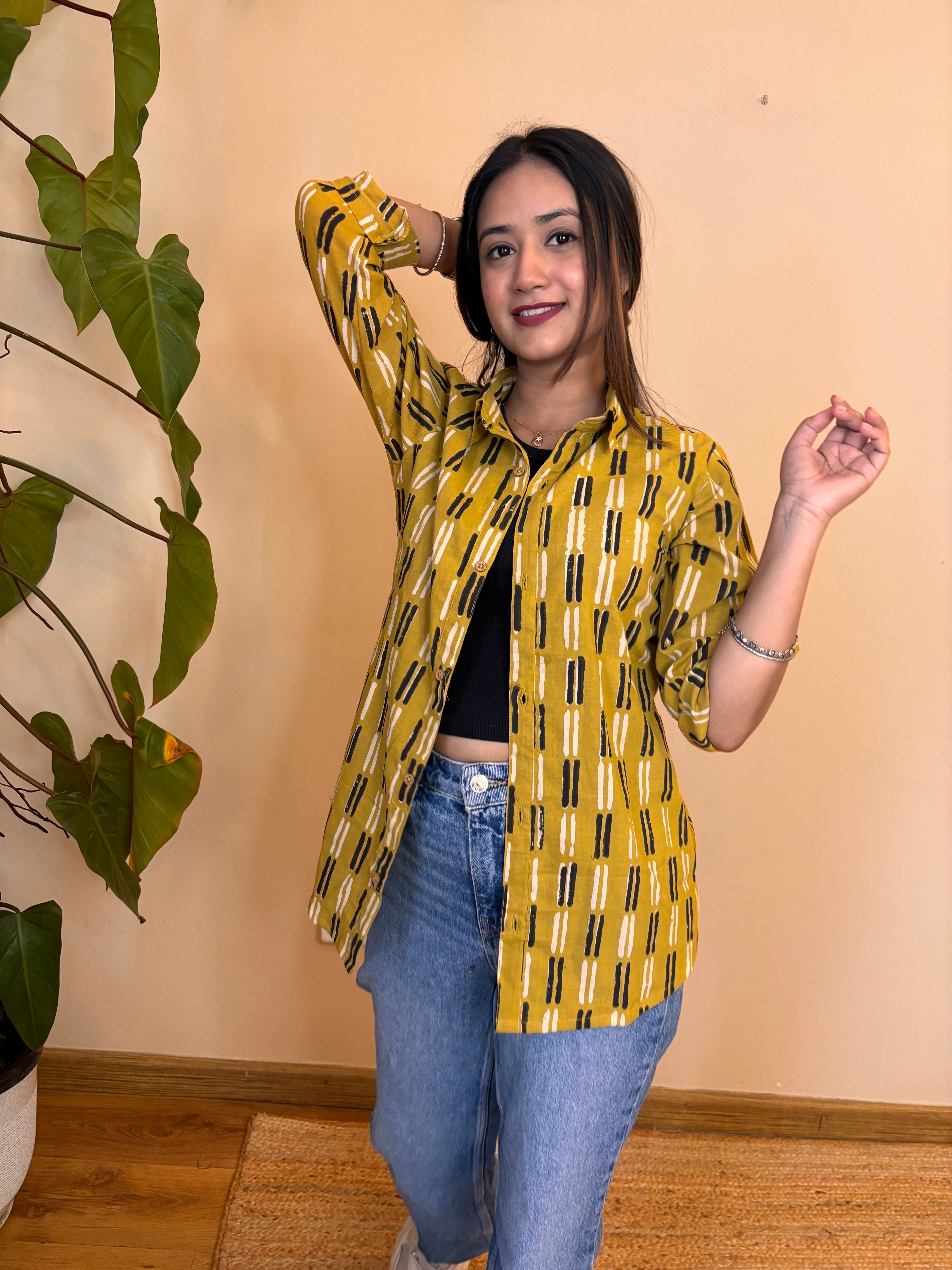 Yellow bagru print cotton shirt