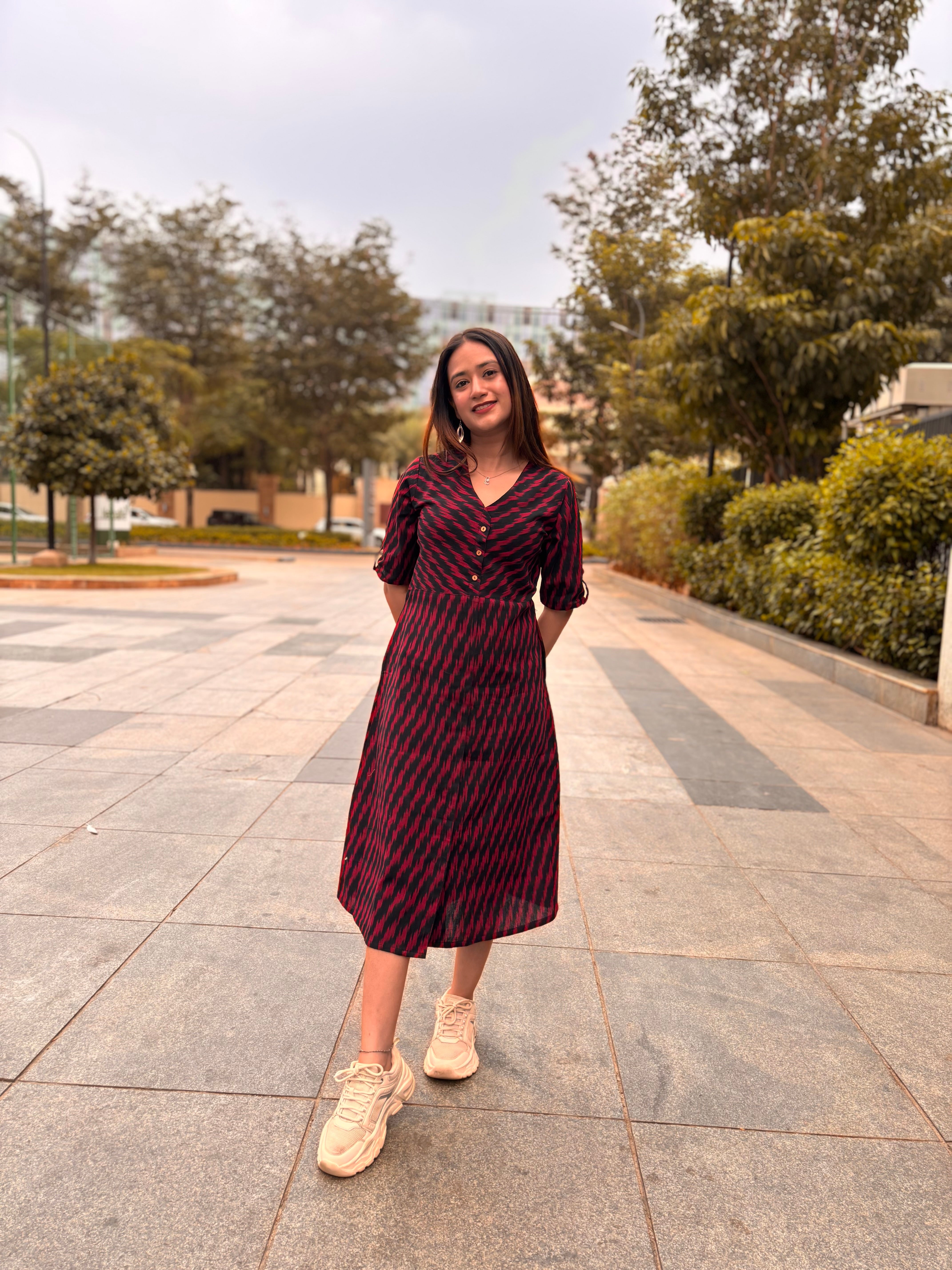 Black and Red Multicolours Cotton Dress