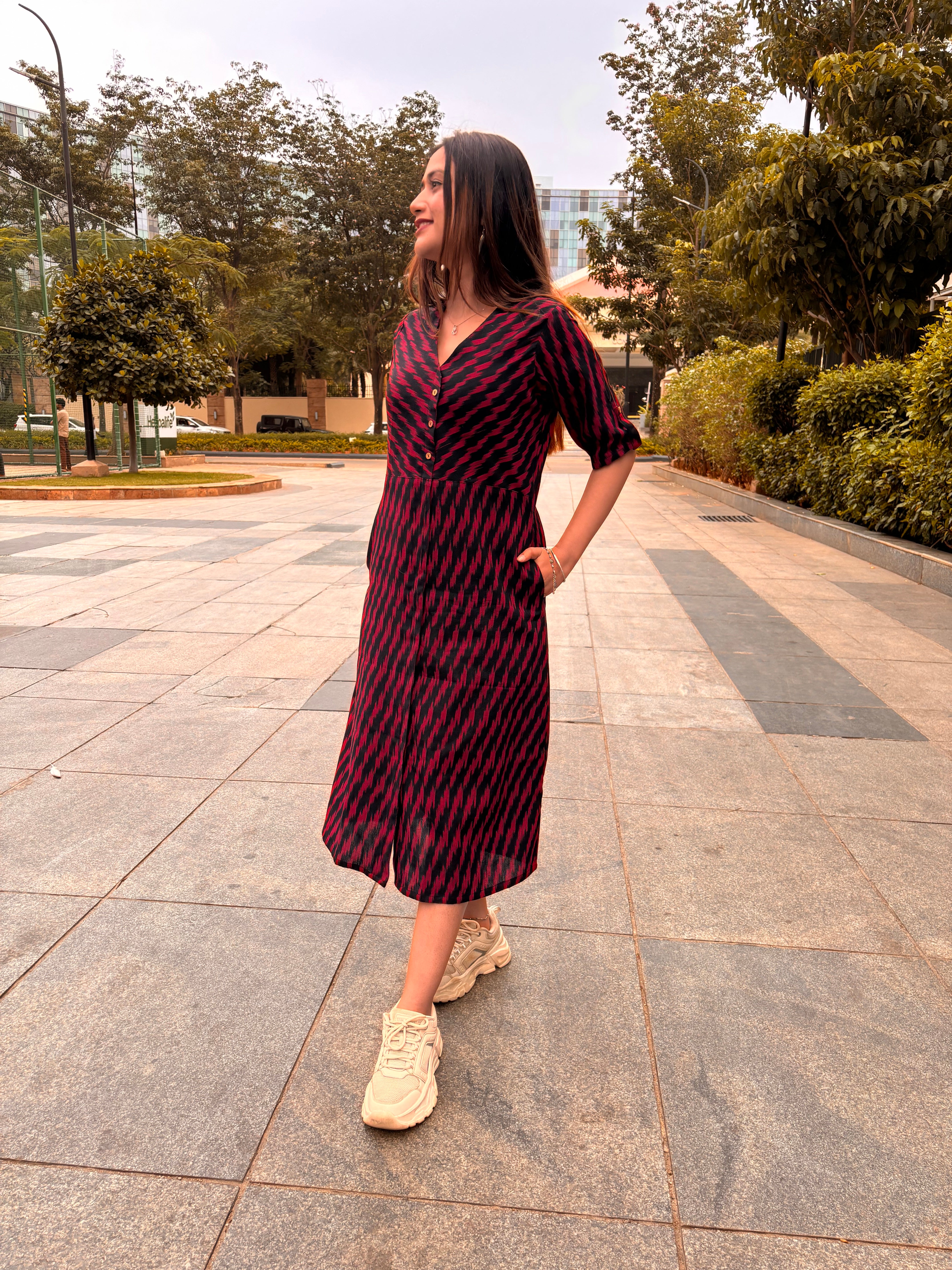Black and Red Multicolours Cotton Dress