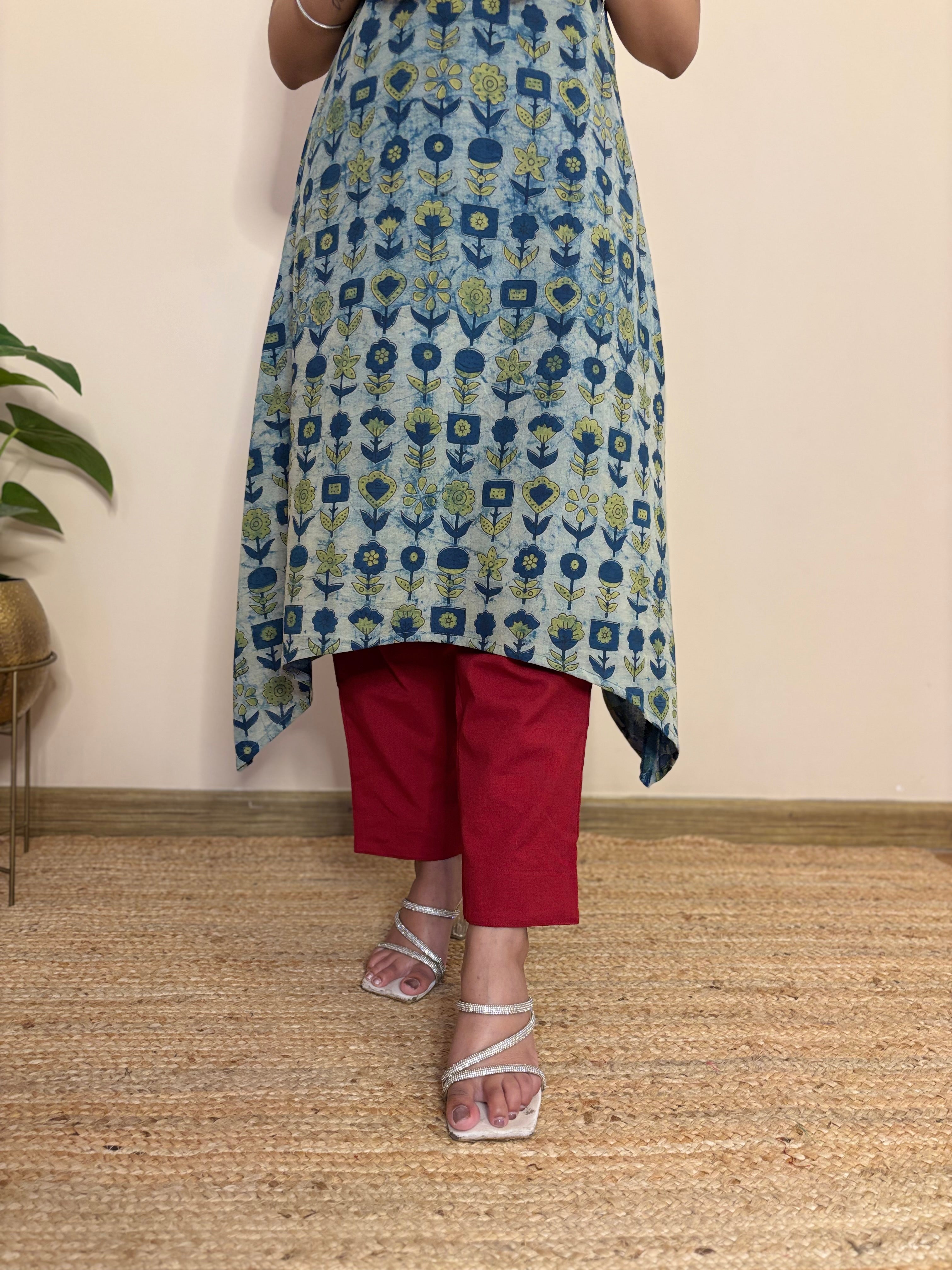 Gul Blue Handblock  Cotton Long Kurta