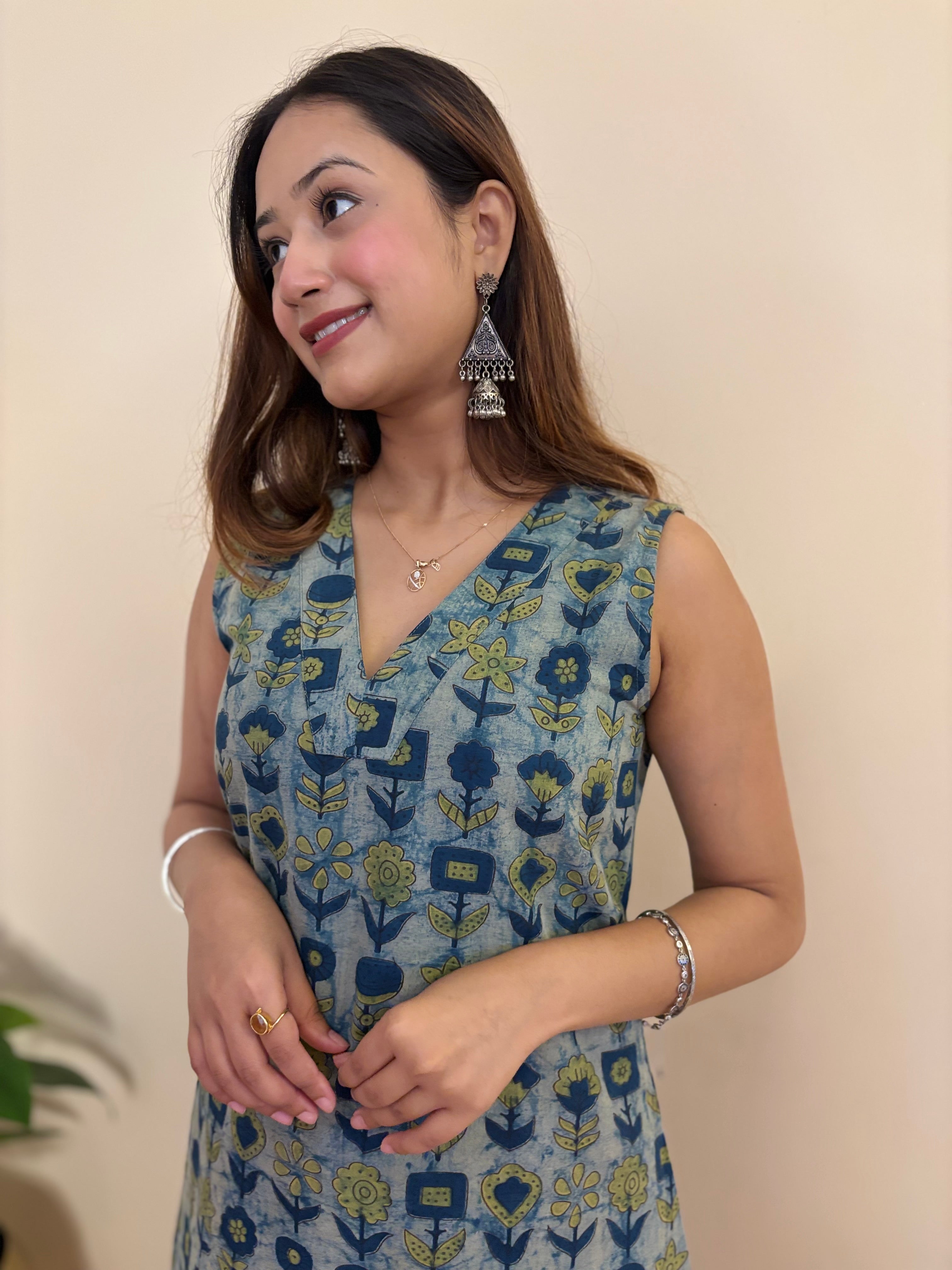 Gul Blue Handblock  Cotton Long Kurta