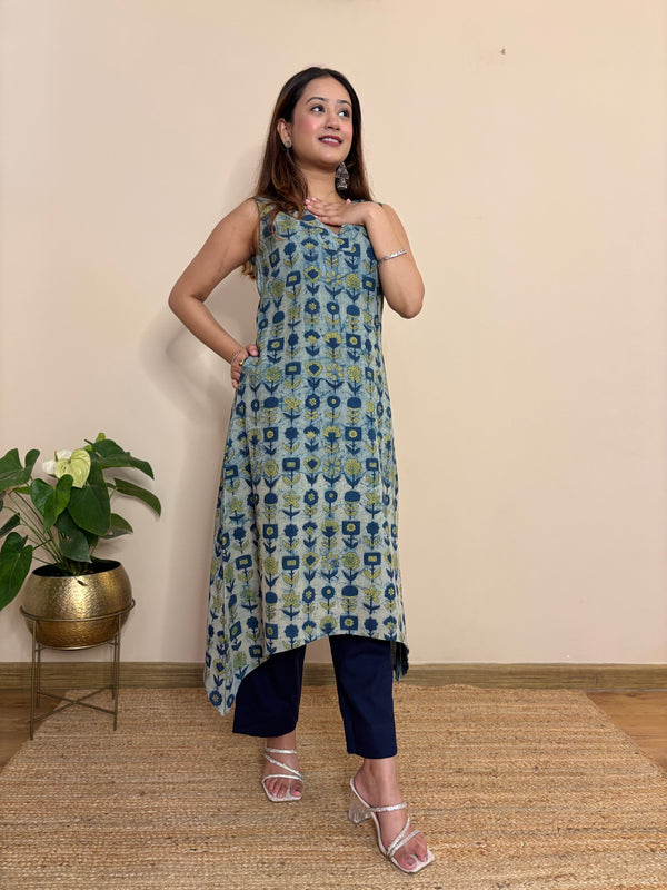 Gul Blue Handblock  Cotton Long Kurta
