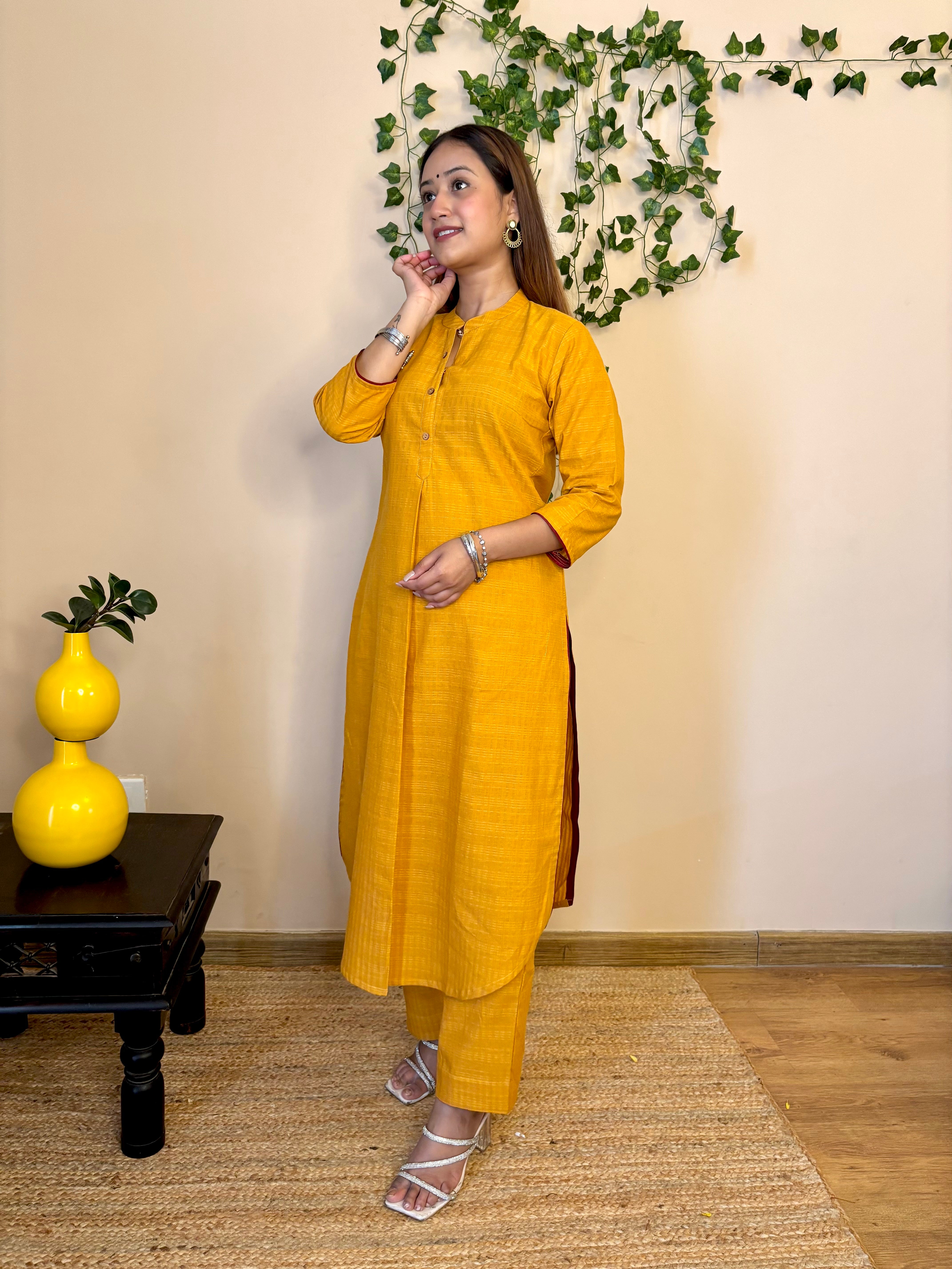 yellow south cotton long kurta  and pant set