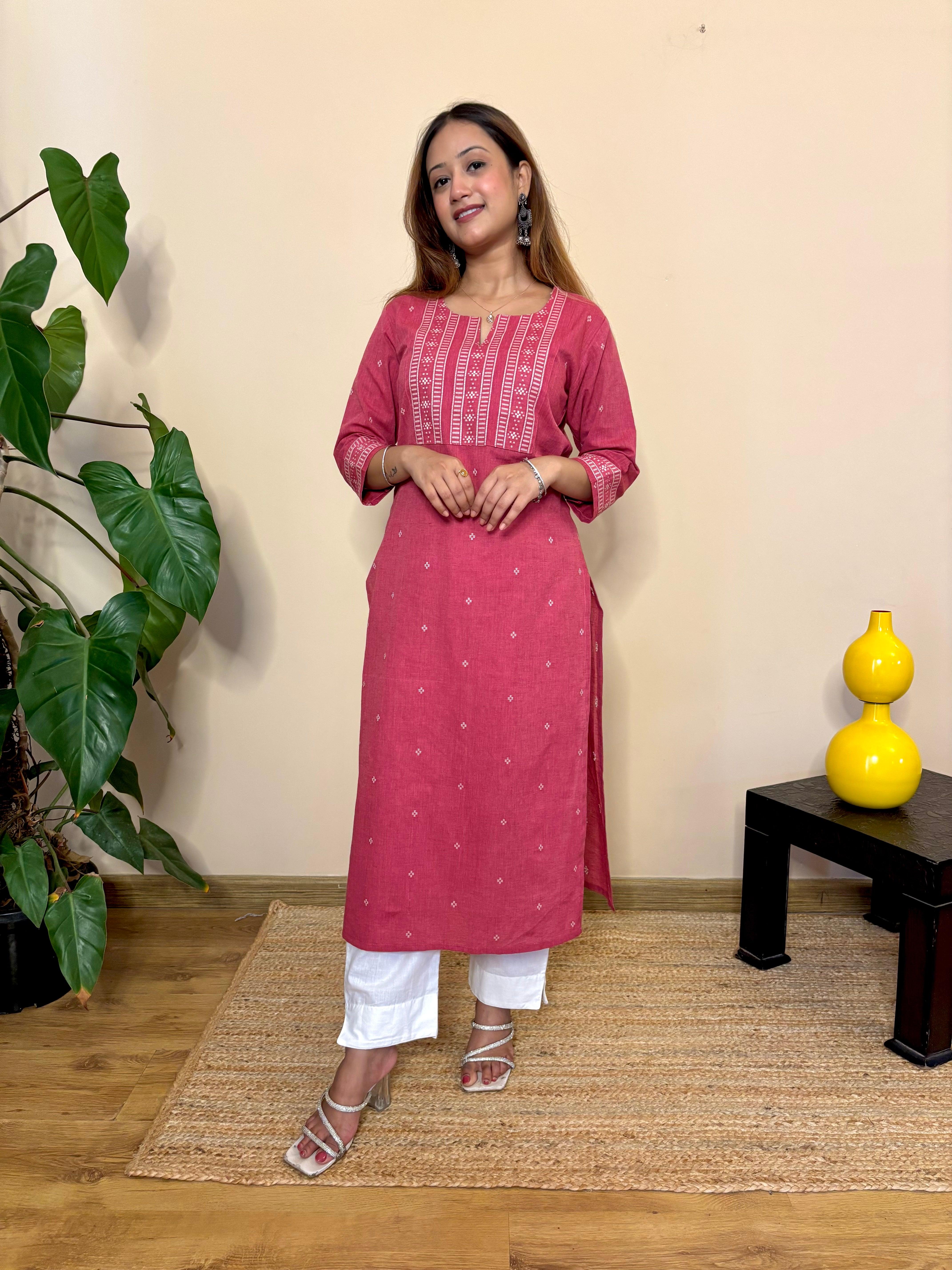 Front view of pink  South cotton womens long kurta