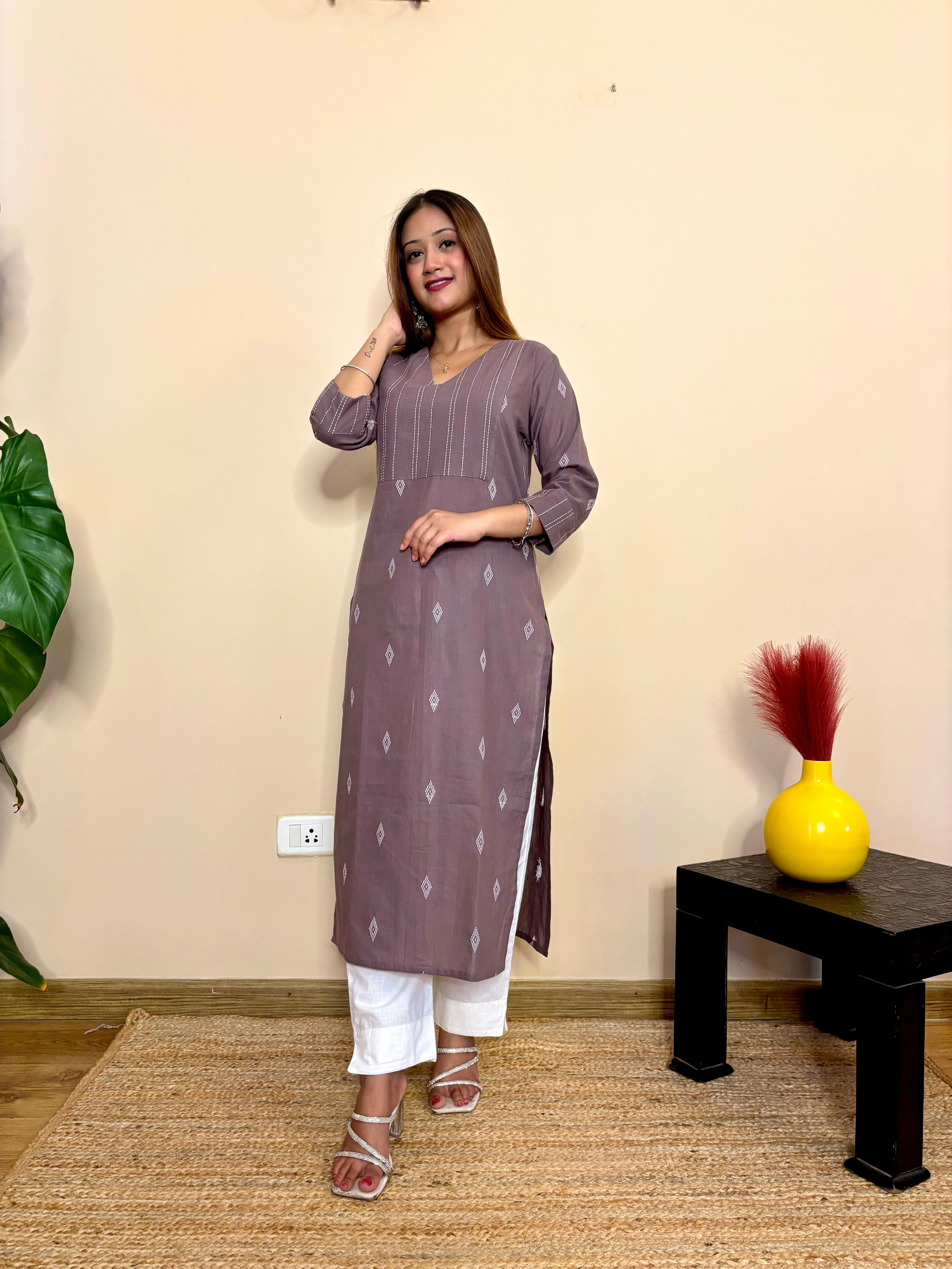Front view of chocolate plum  colour with south cotton womens long kurta