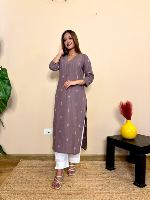 Front view of chocolate plum  colour with south cotton womens long kurta