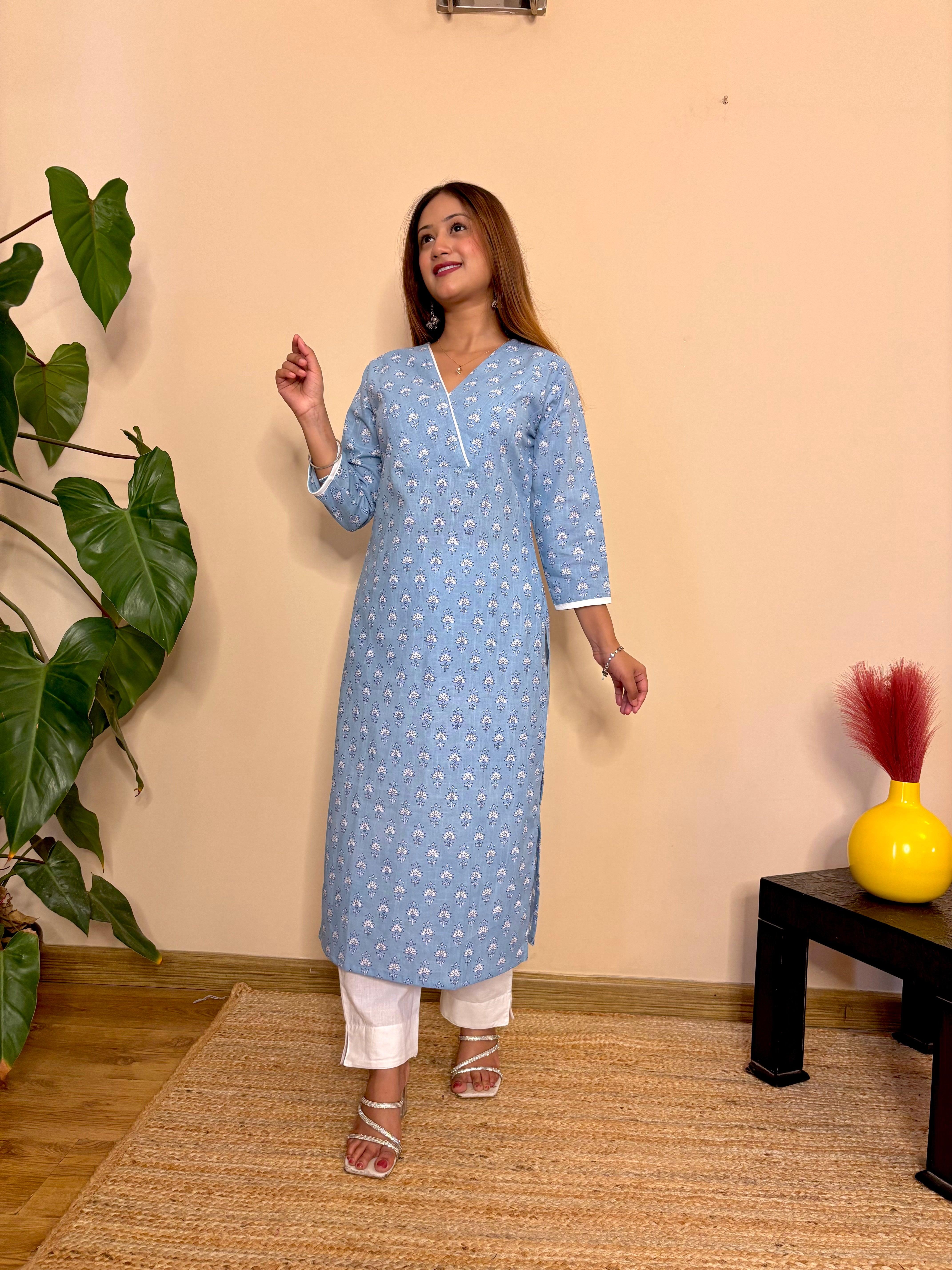 Front view of blue South cotton womens  kurta