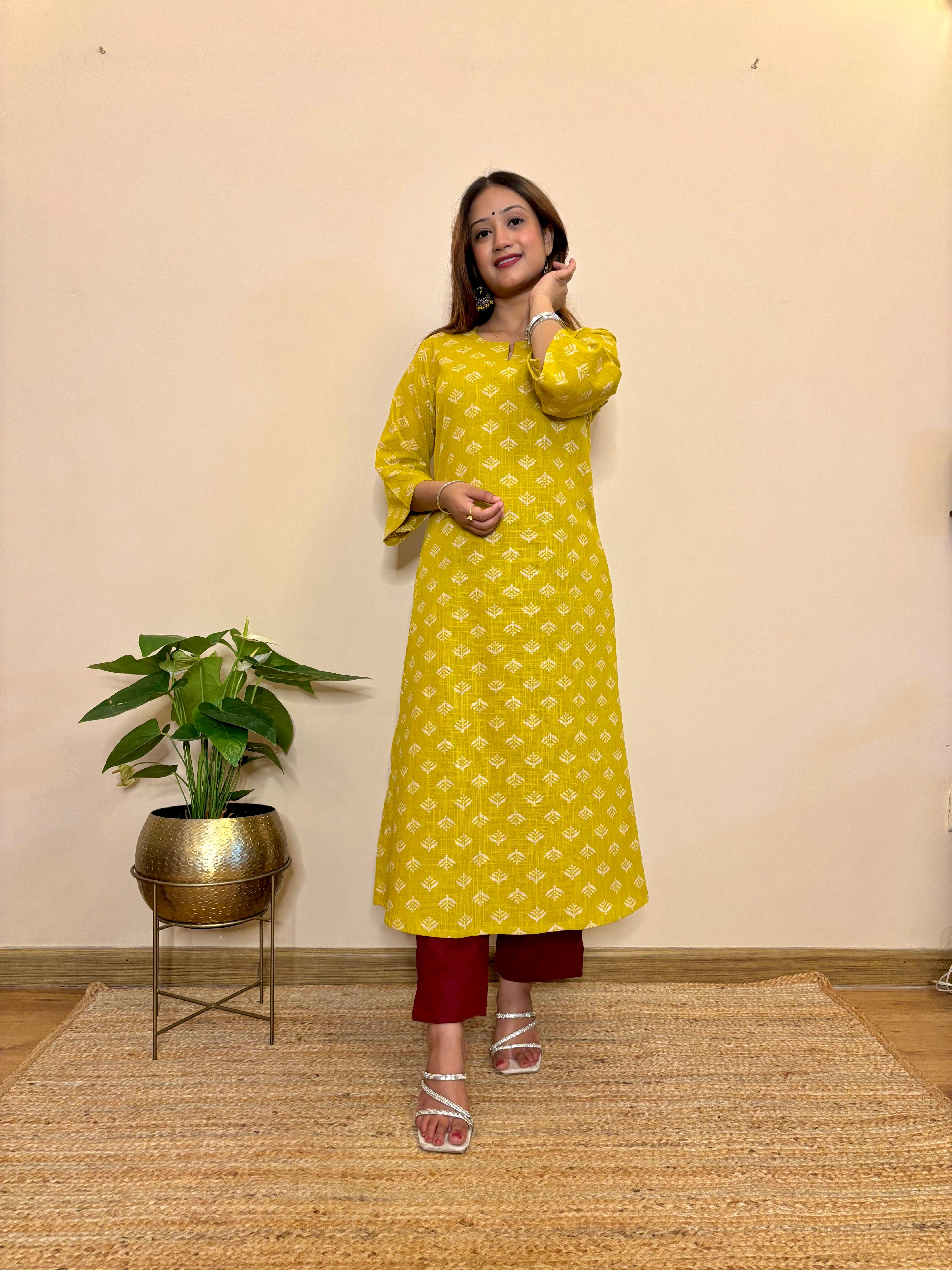 Front view of yellow south cotton womens long kurta
