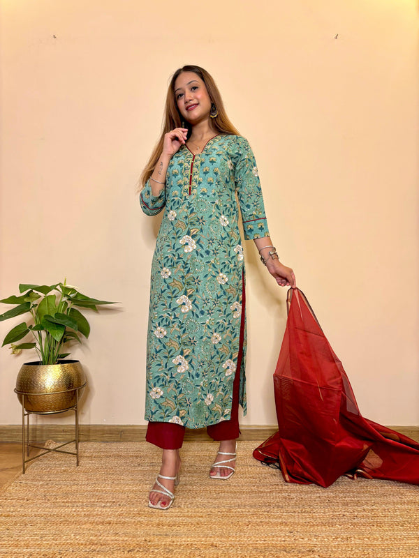 Saanjh green block printed cotton long kurta