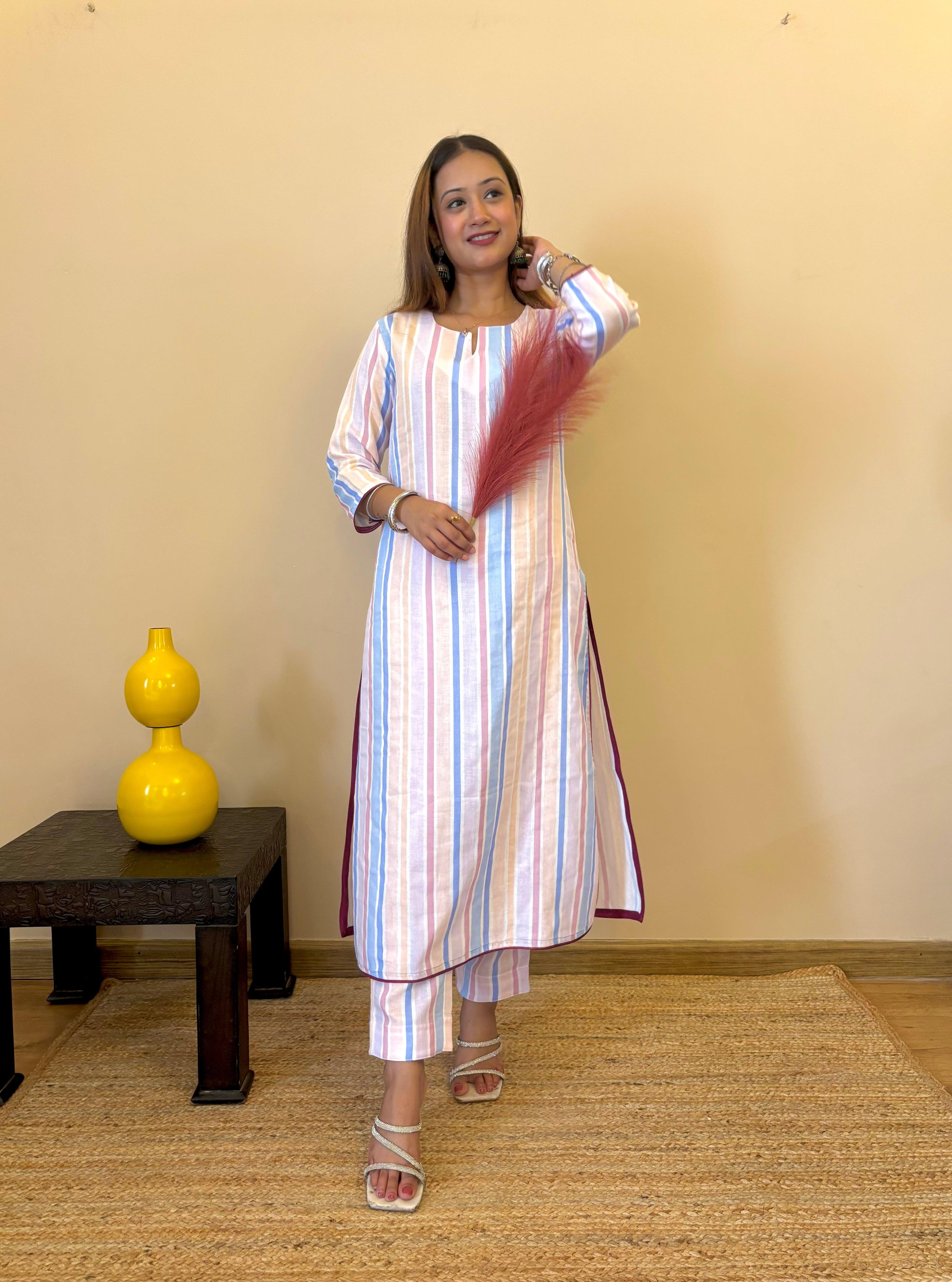 Saanjh multicolored striped south cotton straight long kurta and pant set