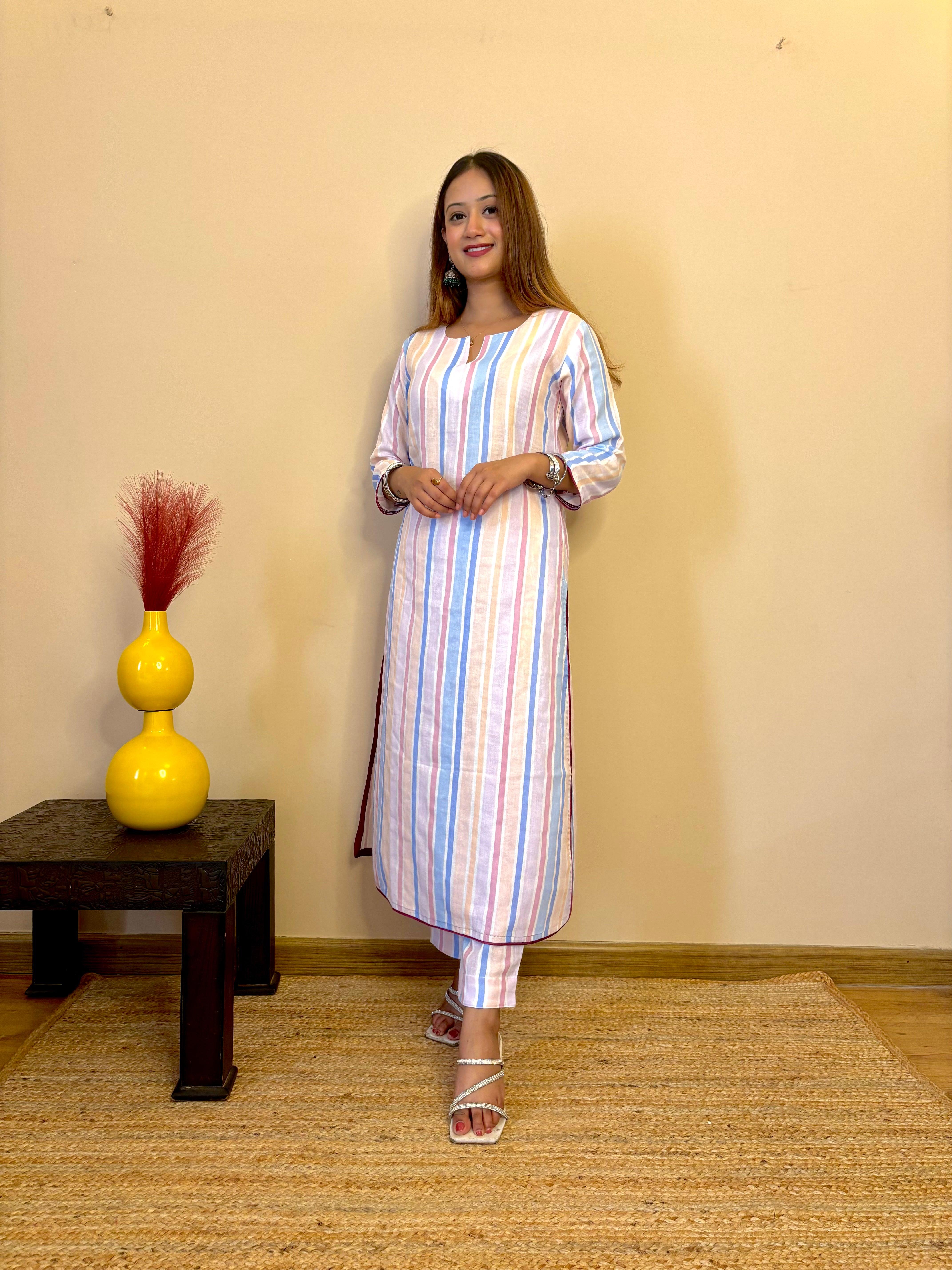 Front view of multicoloured striped South cotton kurta and pant set