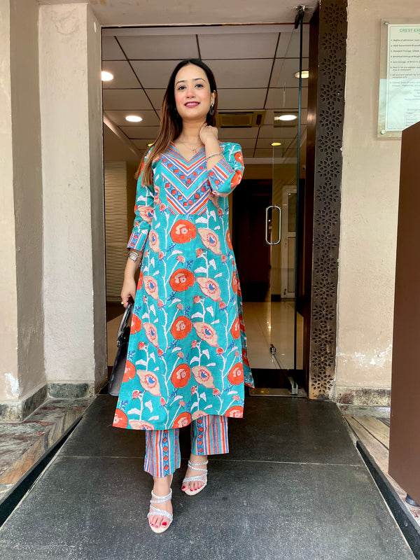 Kyaari Turquoise block printed cotton kurta and pant set