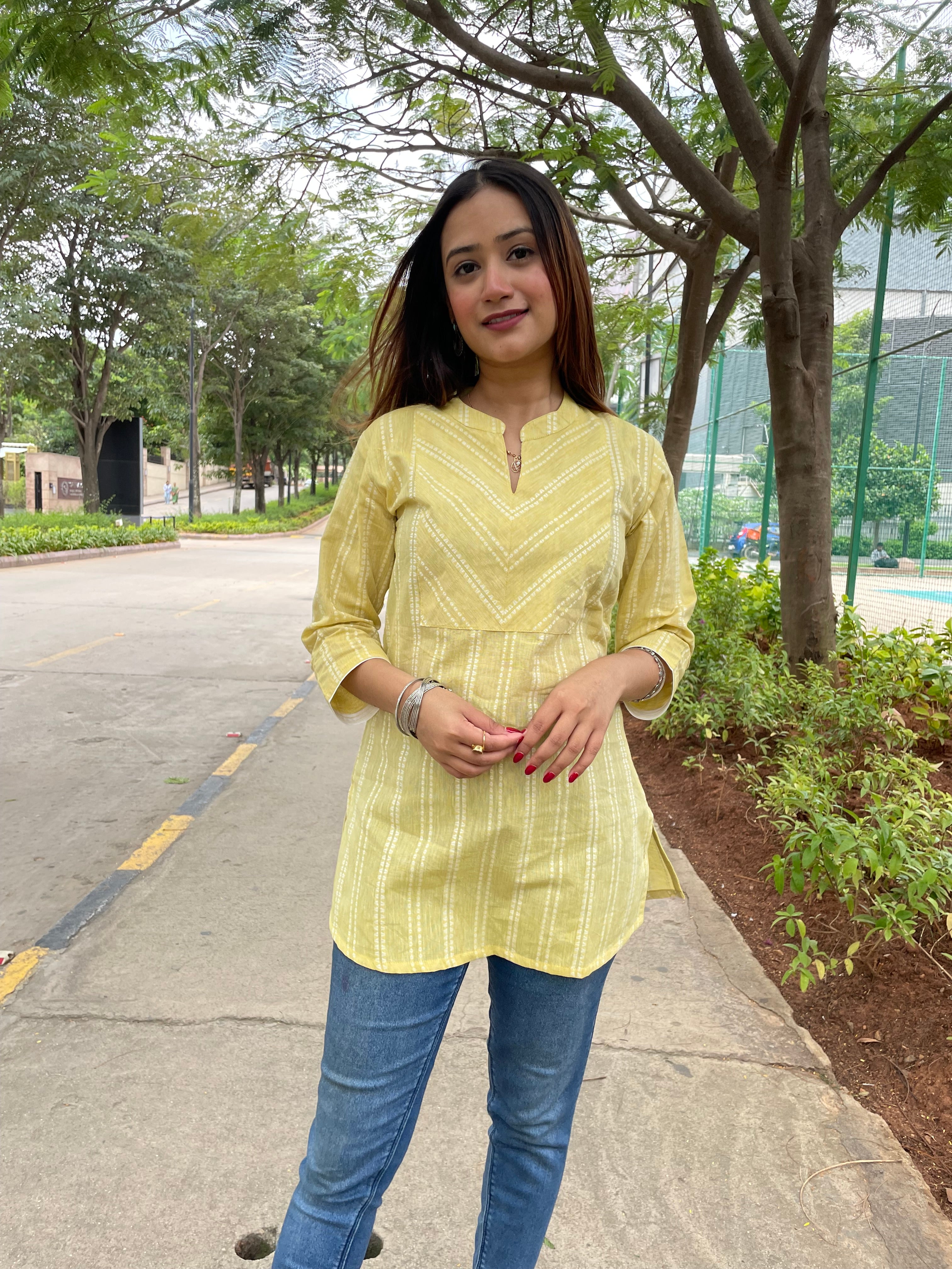 kyaari Yellow South Cotton Short Kurta
