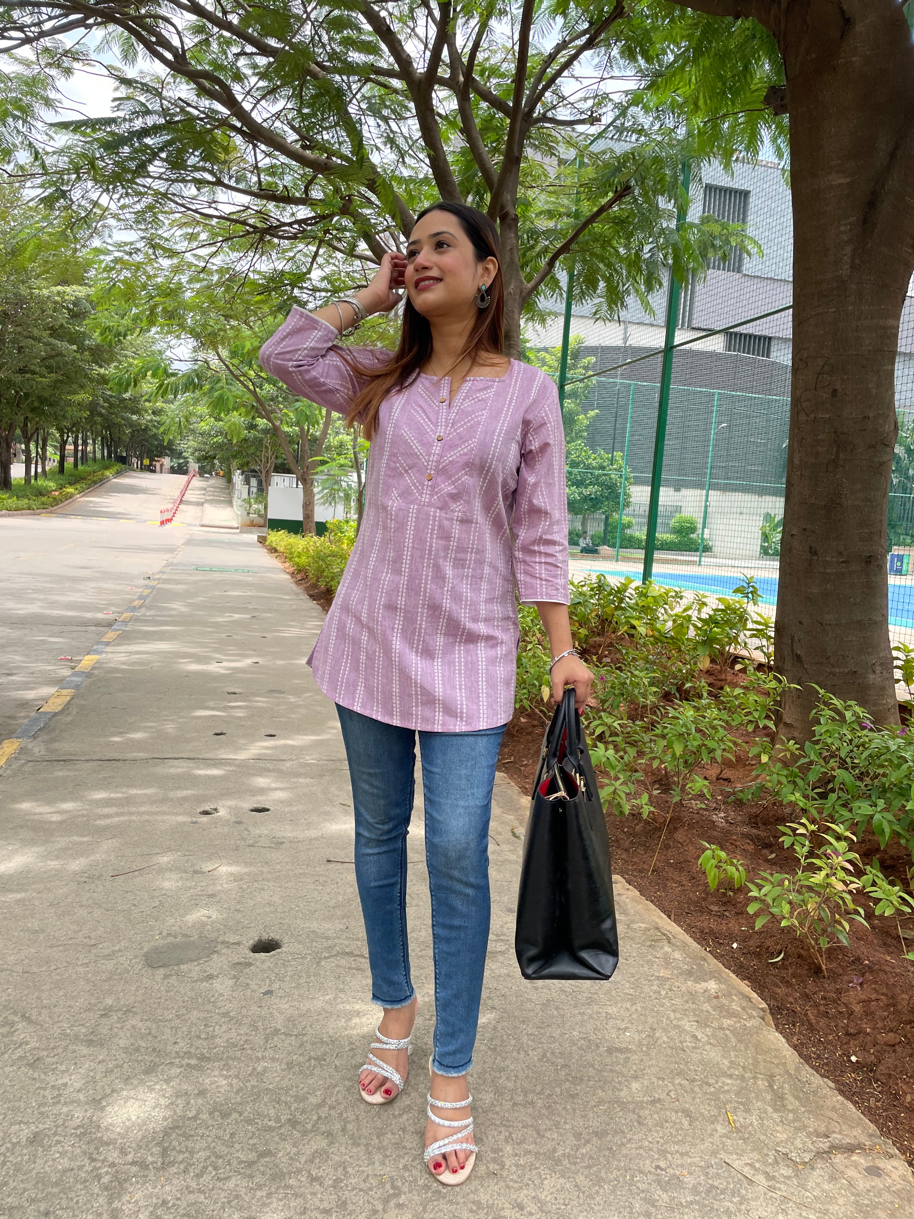 Kyaari Purple South Cotton Short Kurta