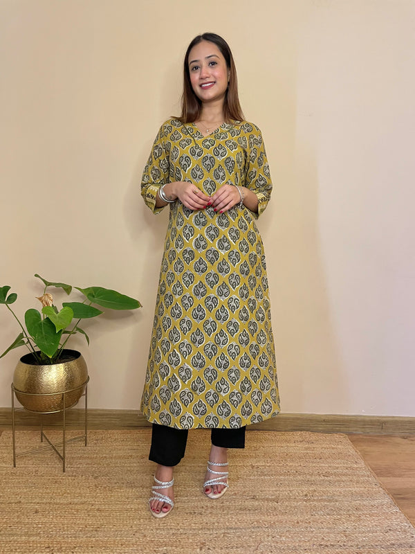 Kyaari Yellow Hand Block Long Kurta