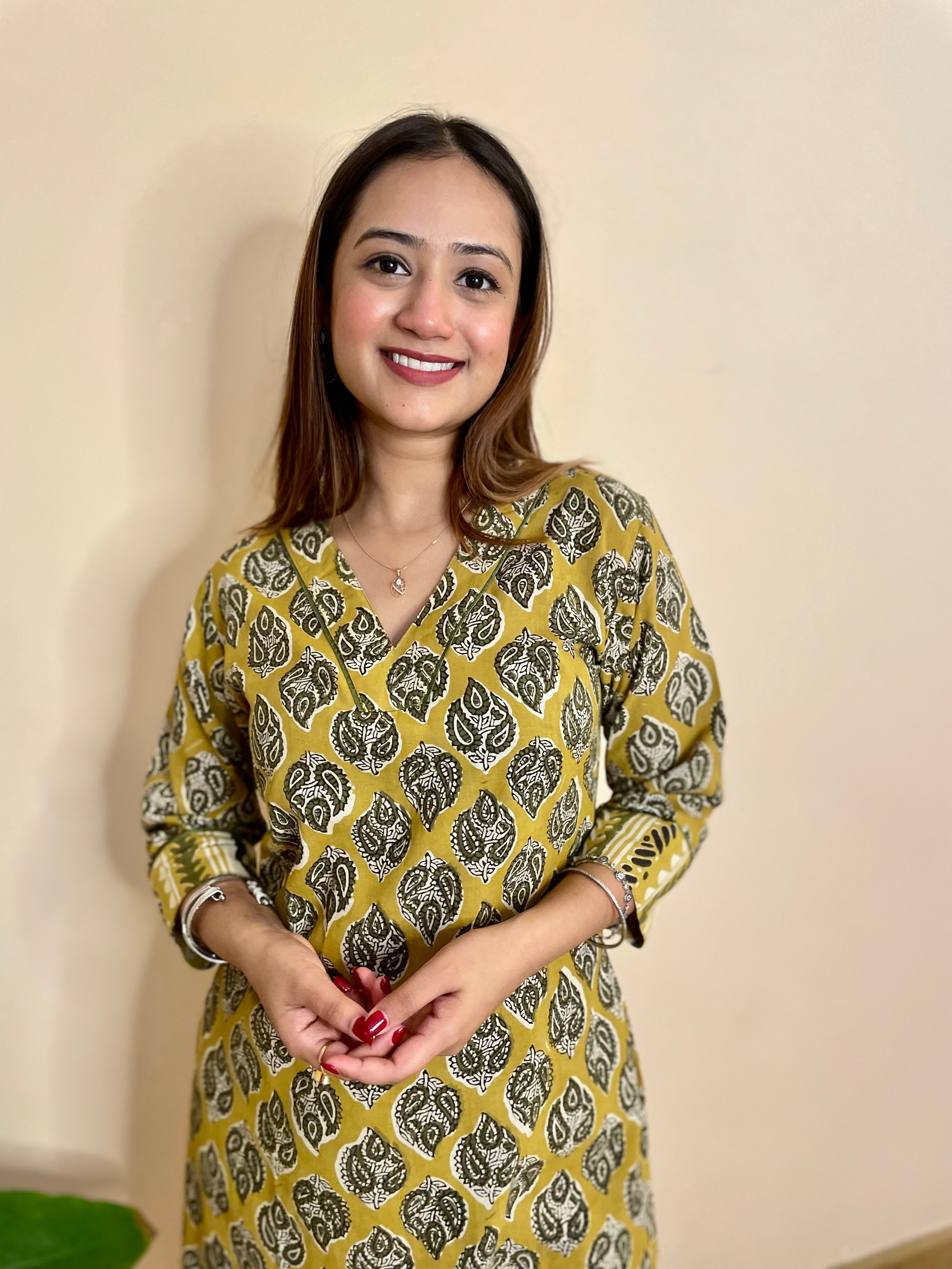 Kyaari Yellow Hand Block Long Kurta