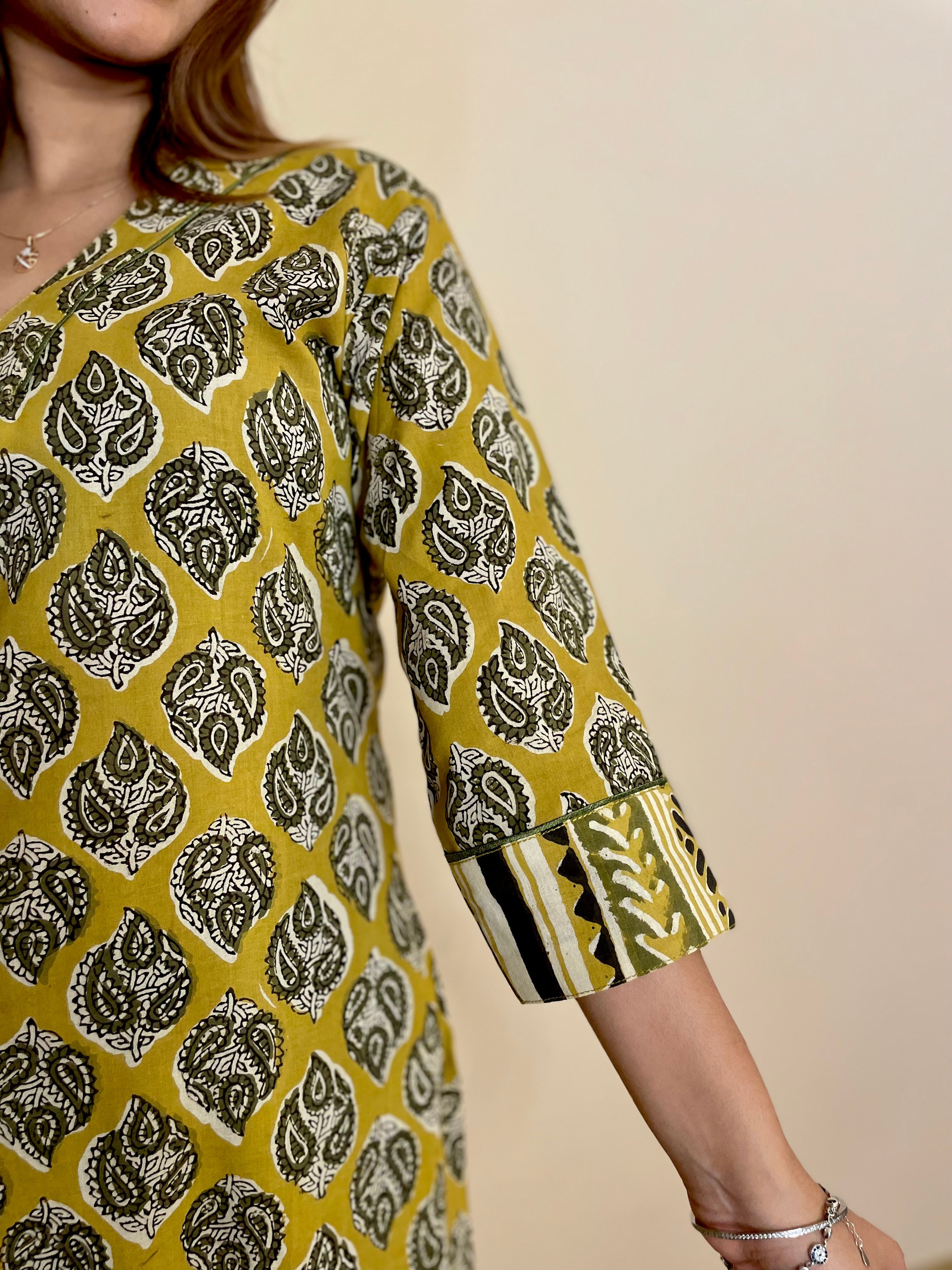 Kyaari Yellow Hand Block Long Kurta